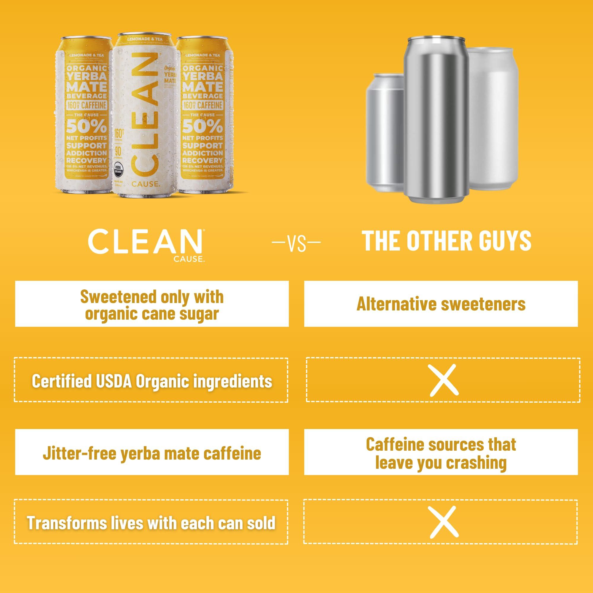 CLEAN CAUSE. NEW! CLEAN Cause Lemonade & Tea USDA Organic Yerba Mate Tea (15.5oz cans, 12-Pack Case) Non-Carbonated, 160mg Caffeine