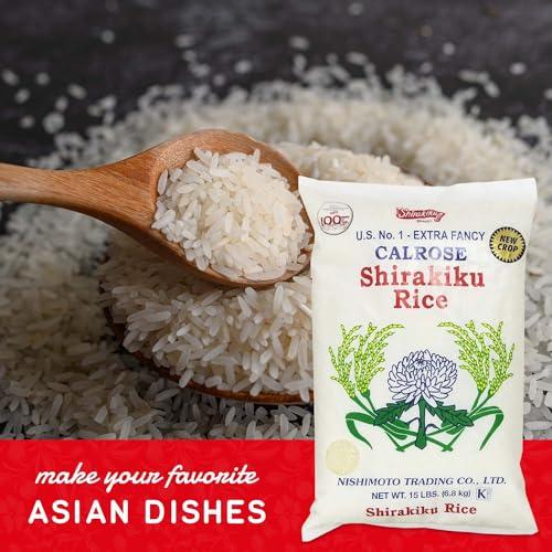 SHIRAKIKU BRAND SHIRAKIKU Calrose Rice Medium Grain White Rice - Japanese Premium quality uncooked Milled Rice | Low Calories Perfect for Authentic Asian Cuisine 15 Pound, (Pack of 1)