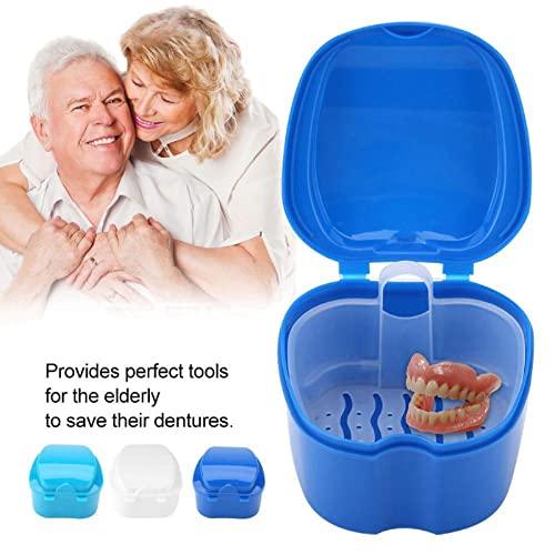 SEIWEI Denture Bath Case Cup Box Holder Storage Container with Strainer Basket for Retainer False Teeth Travel Cleaning (Light Blue)
