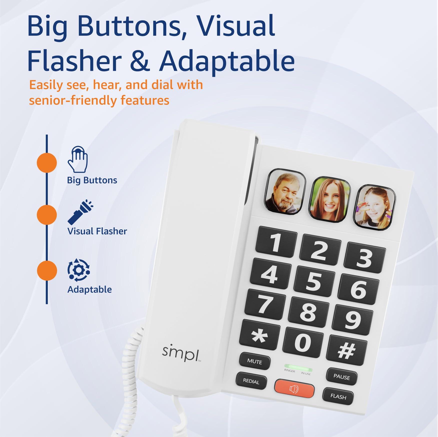 smpl SMPL Big Button Phone for Seniors, Corded Landline Phone for Elderly, Handicap, Amplify Permanently for Hearing & Vision Loss, Alzheimers, Dementia - Ideal Phone for Seniors (Model 56020)