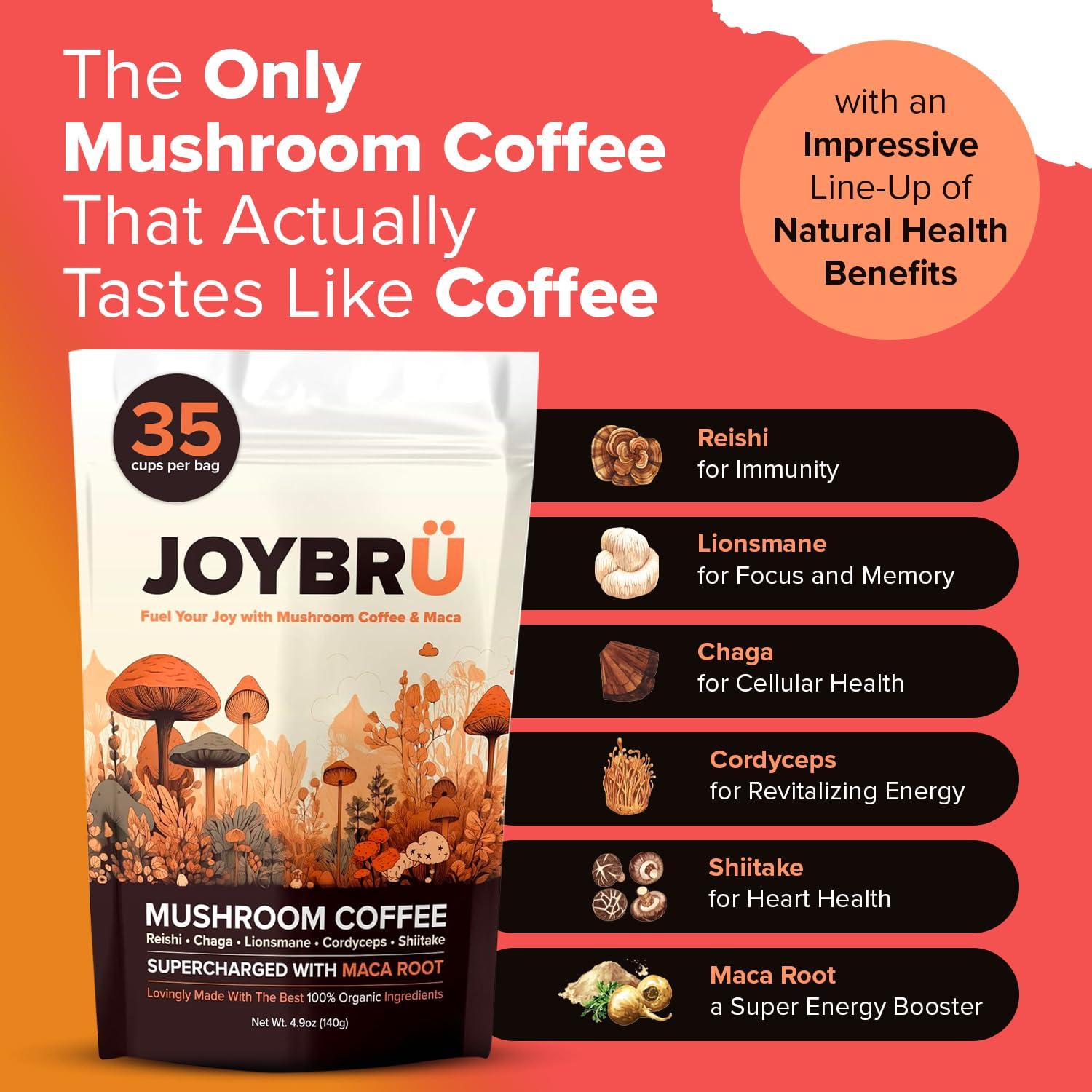 Joybru Mushroom Coffee with Maca Root (35 Servings) - Ultra Concentrated 8:1 Mushroom Blend (Lions Mane, Chaga, Reishi, Cordyceps & Shiitake) with Gourmet Instant Coffee Arabica - Immune Boosting Coffee