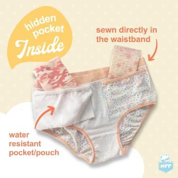 Private Pocket My Private Pocket Girls Underwear with Inner Pouches, Soft Cotton Panties, Youth Incontinence, Potty Training, Medium (Pack of 3)