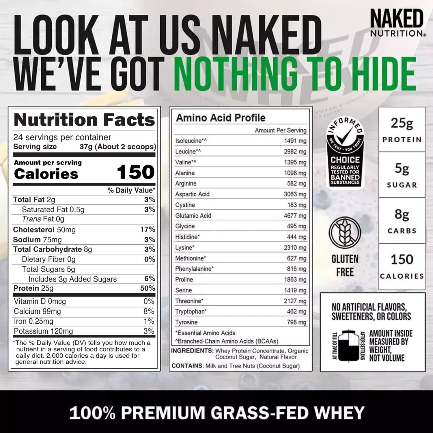 NAKED NAKED Whey Vanilla Protein Powder - Only 3 Ingredients - Grass Fed Whey Protein Powder, Vanilla Flavor, and Organic Coconut Sugar, No GMO, No Soy, and Gluten Free - 24 Servings