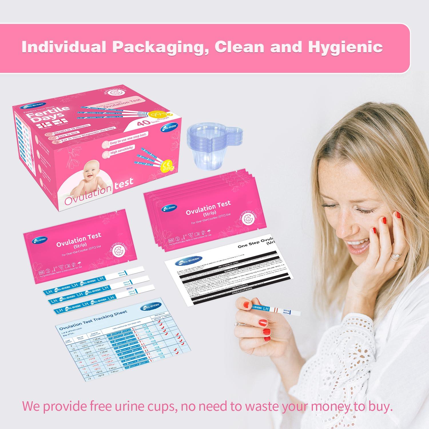 HEAL-CHECK Ovulation Tests, Bulk Ovulation Test Strips for Women, HEAL-CHECK Ovulation Predictor Kit, Accurate Fertility Tests for Home, Individually Wrapped 5mm LH Strips with Cups, FSA HSA Eligible, 40 Count