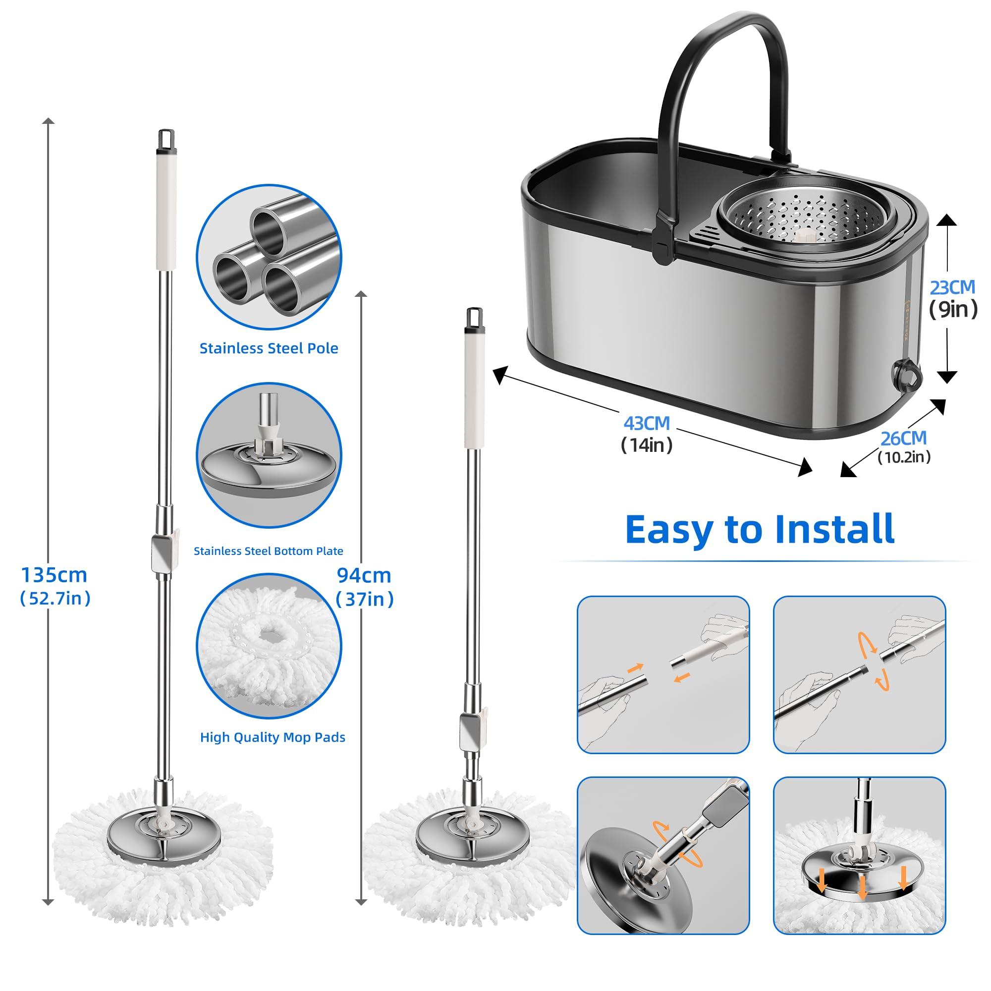 SWIFTIRON SWIFTIRON Spin Mop and Bucket Set for Cleaning with 4 Extra Refills Microfiber Heads, Mops for Floor Cleaning with Wringer, Silver Stainless Steel Mop and Mop Bucket