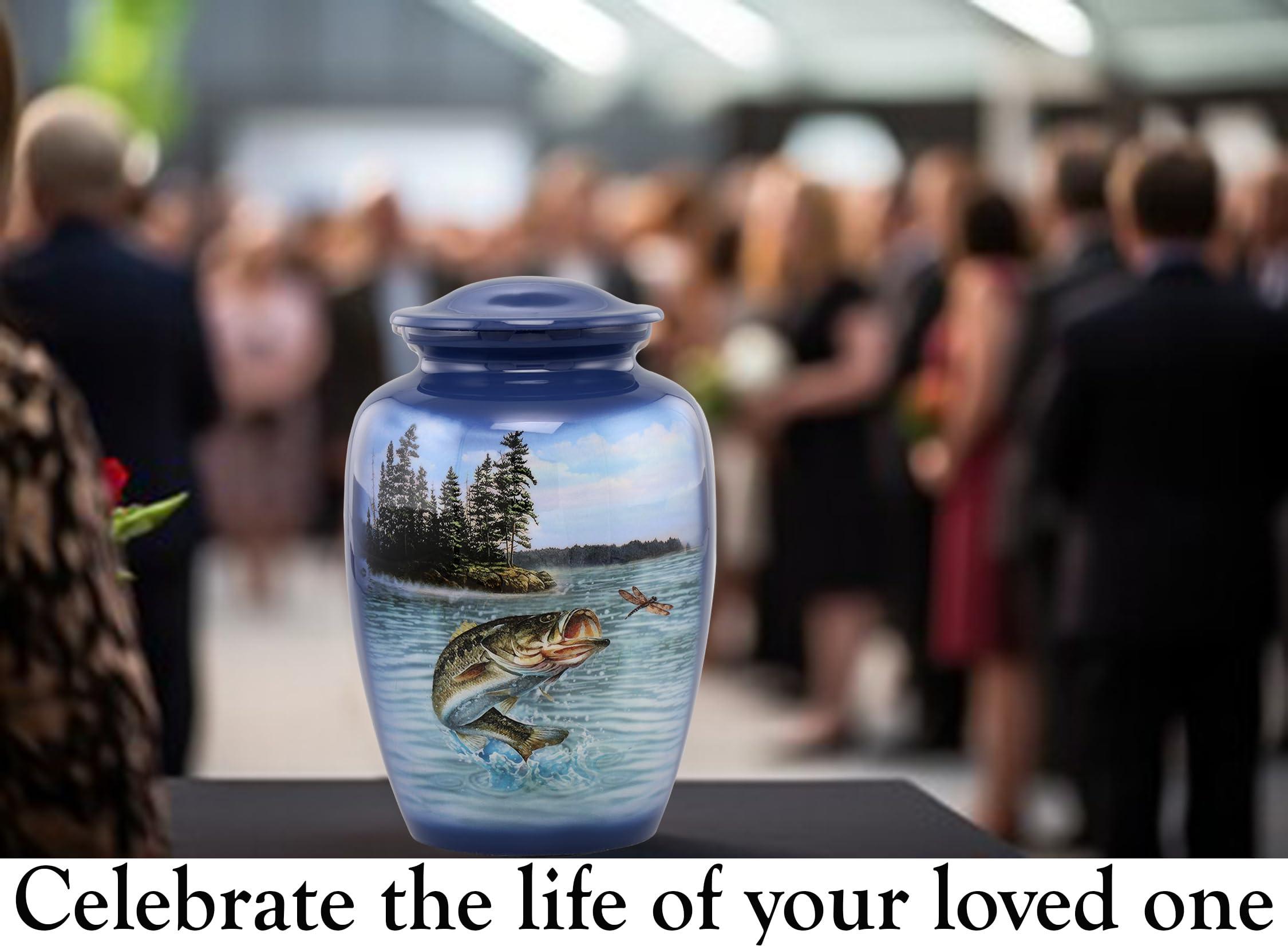 Immortal Memories Bass Fishing Large Urn - Cremation Urn for Human Ashes Male & Female - Heart Fishing Urn - Handcrafted Funeral Memorial Urn for Adults Urn Velvet Case & Bag (Large)