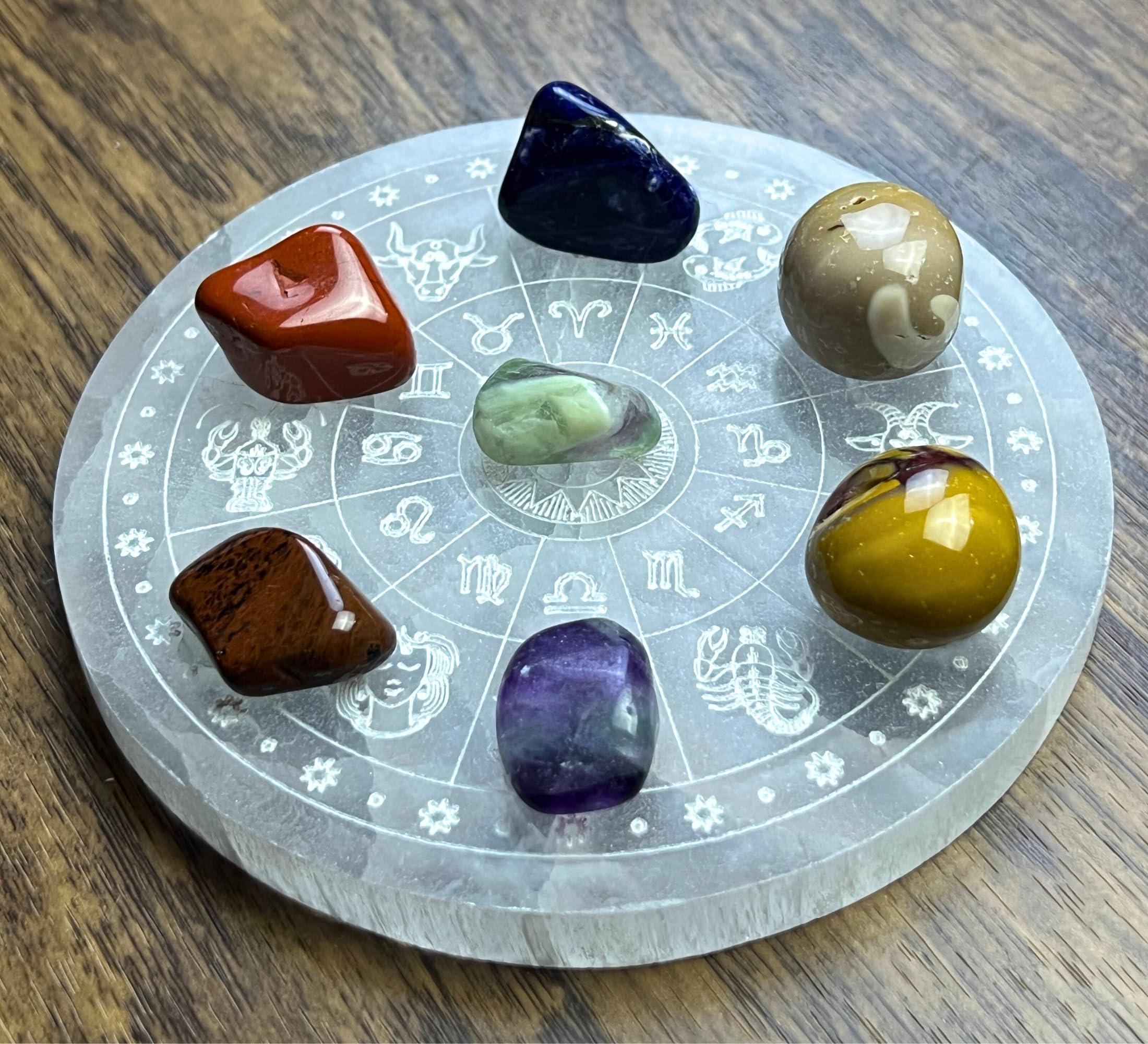 Xen Minerals Xen Minerals Selenite Disk with Zodiac Engraving Crystal Jewelry Charging Plate Tray Coaster Stone, scrying Plates Board for Stones, Crystals Hecate Altar grids and Healing Wicca Slab Wiccan Plate
