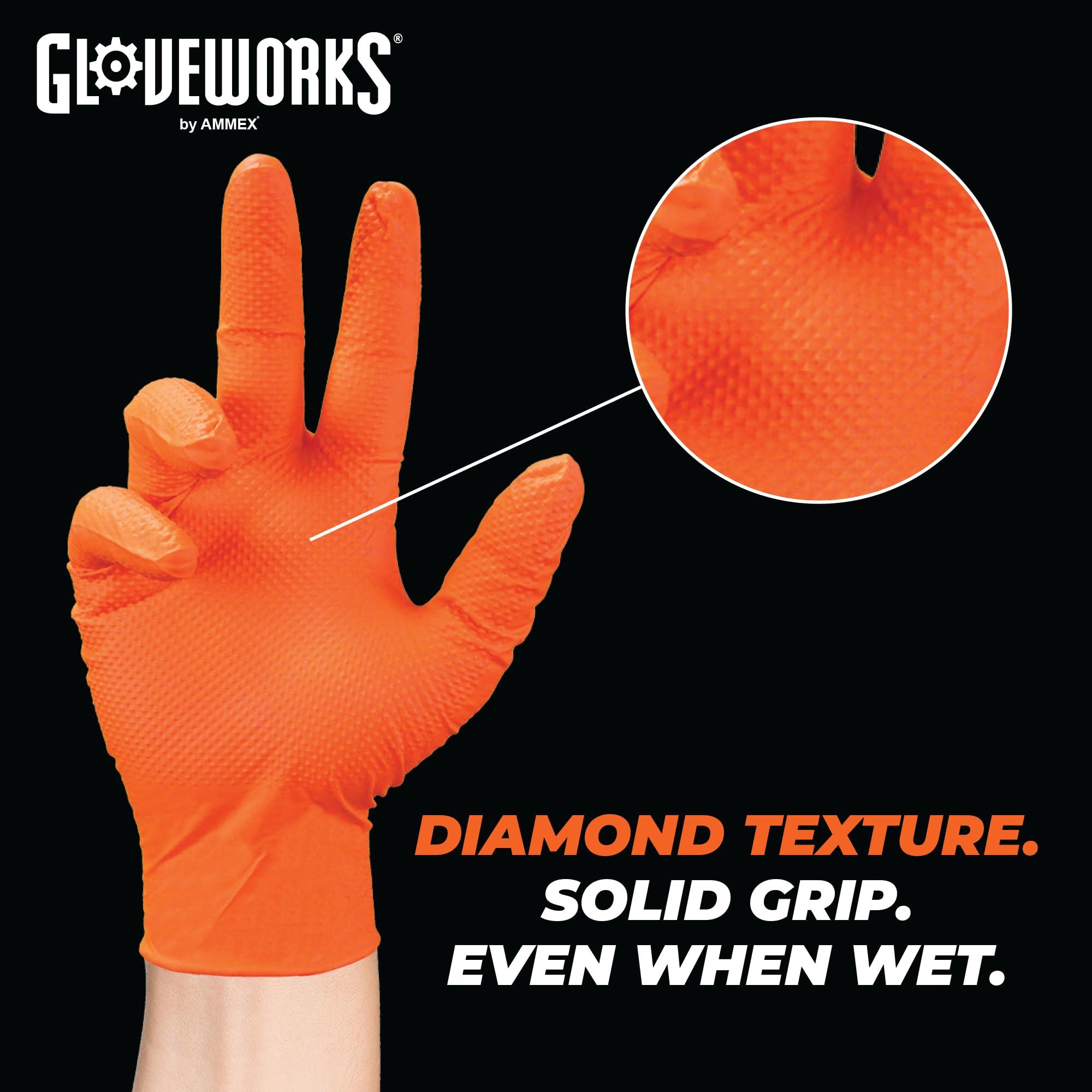 GLOVEWORKS GLOVEWORKS HD Orange Nitrile Industrial Disposable Gloves, 8 Mil, Latex-Free, Raised Diamond Texture, Large, 10 Boxes of 100