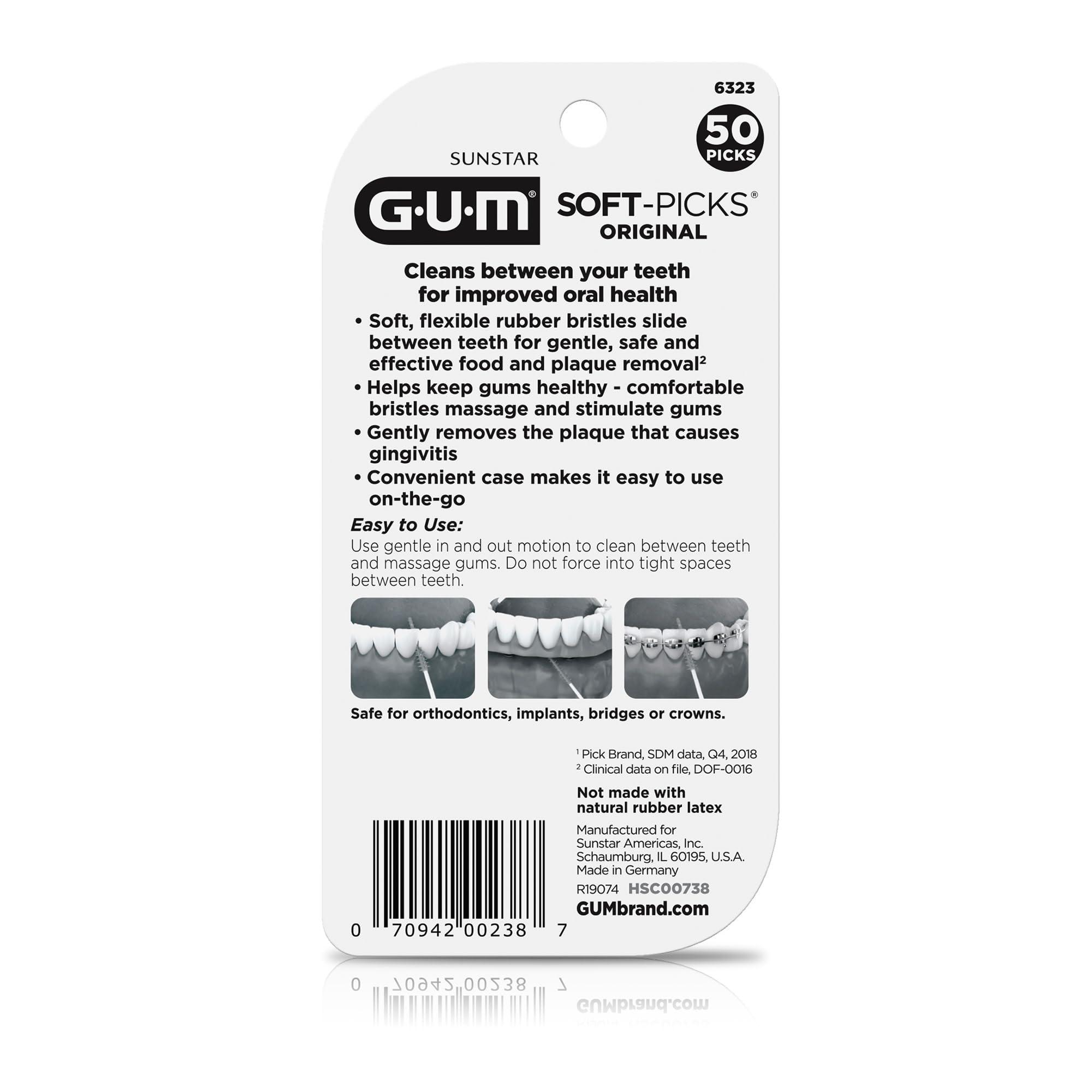 GUM GUM Soft-Picks Original, Easy to Use Dental Picks for Teeth Cleaning and Gum Health, Disposable Interdental Brushes with Convenient Carry Case, Dentist Recommended Dental Floss Picks, 50ct