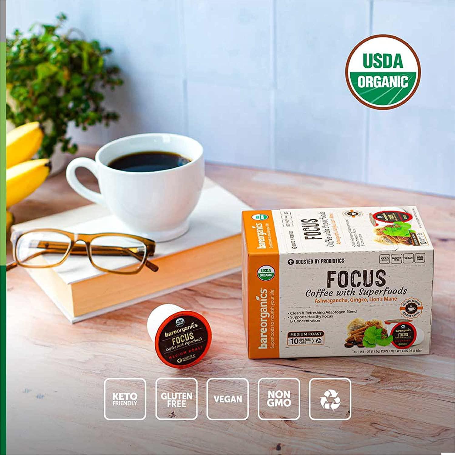 BareOrganics BareOrganics Focus Coffee Pods With Superfoods & Probiotics | Keurig K-Cup Compatible | USDA Certified Organic, Vegan, Non-GMO & Recyclable Single Serve 10ct (Pack of 6)