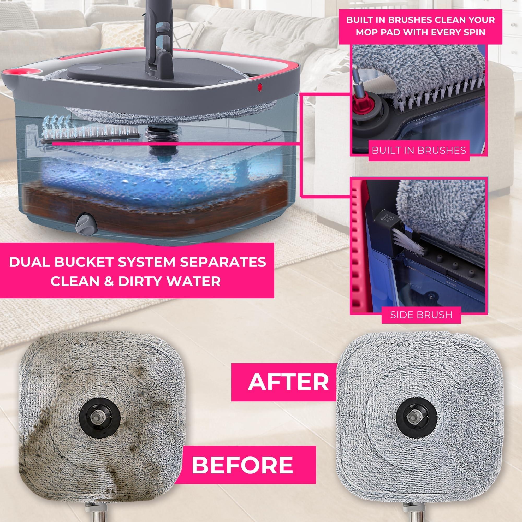 True & Tidy Heavy Duty Square Spin Mop for Floor Cleaning, Separate Compartment for Clean and Dirty Water, Use Any Cleaning Solution, Self Cleaning, Machine Washable Mop Pads