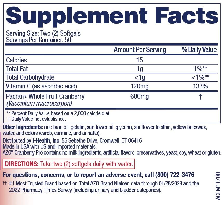 AZO AZO Cranberry Pro, Cranberry Pills for Women & Men, 600mg Pacran, Made with Concentrated Whole Fruit Cranberry Powder to Help Cleanse and Protect The Urinary Tract*, Sugar Free, Non-GMO, 100 Softgels