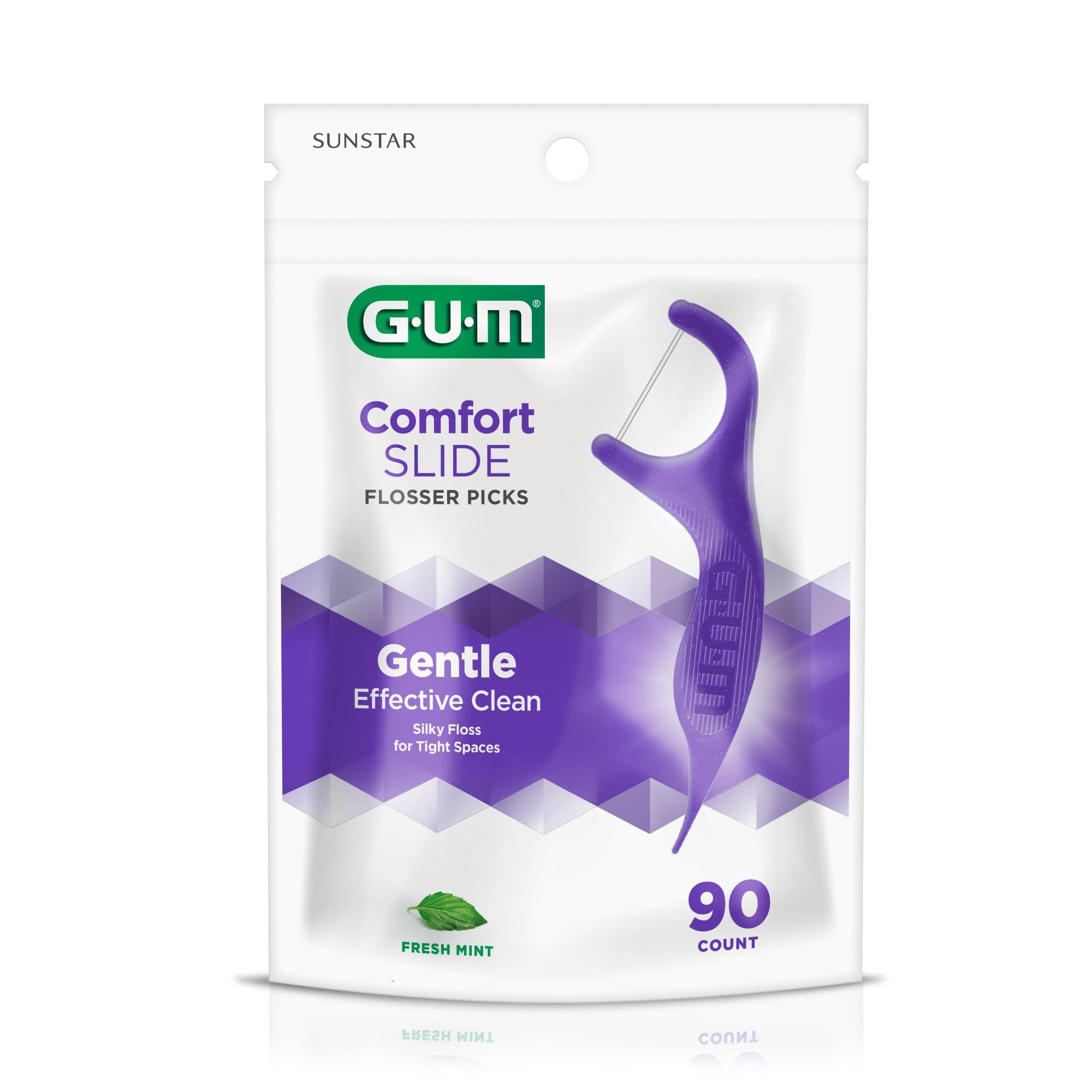 GUM GUM Comfort Slide Floss Picks - Perfect for Tight Teeth - Extra Strong Shred-Resistant Dental Floss, Easy Grip Handle - Dental Flossers for Adults - Fresh Mint Flavor, 90 ct