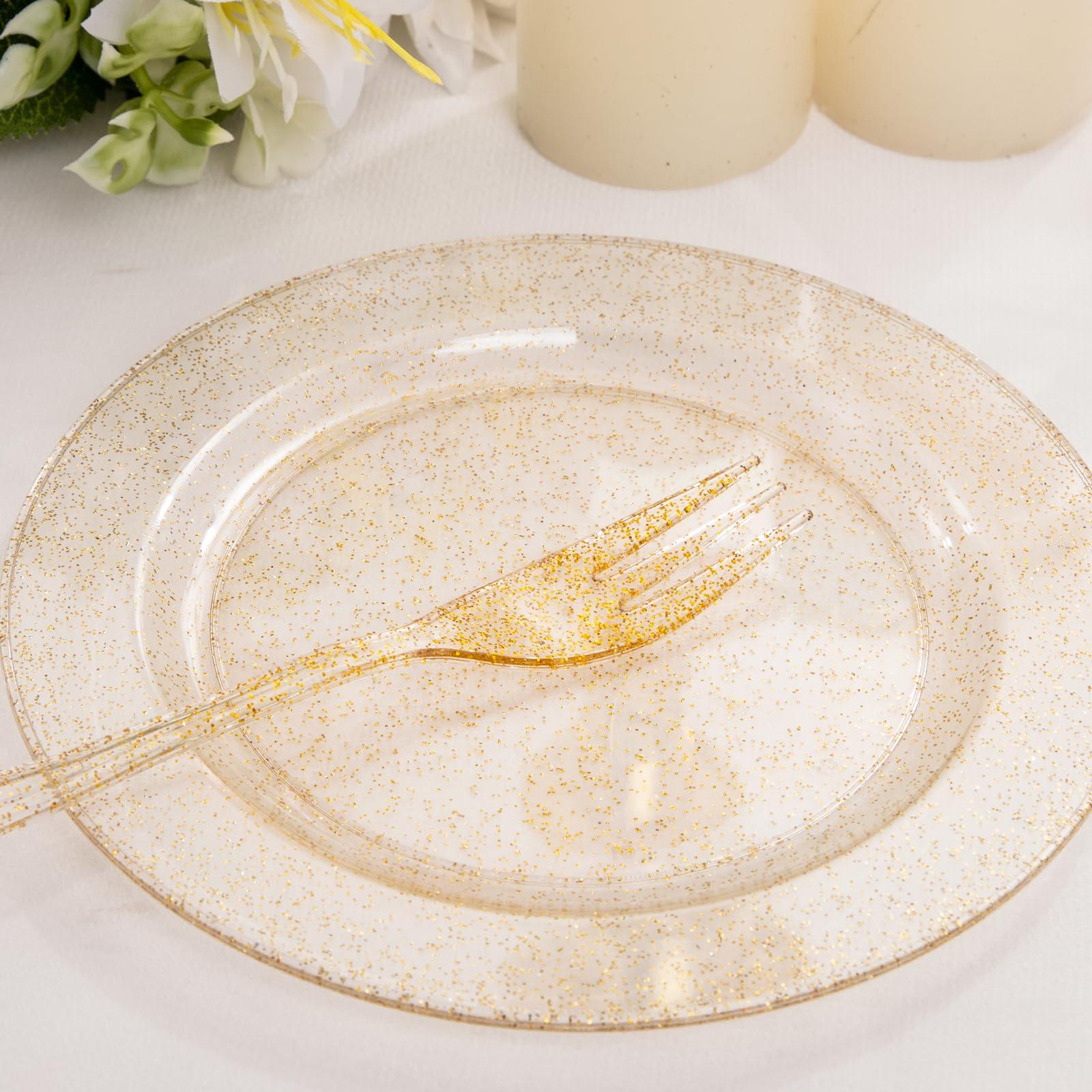 WELLIFE WELLIFE 60PCS Gold Glitter Dessert Plates and 60PCS Plastic Forks, 6.5 inch Disposable Dessert Plates for 60 Guests, Durable Gold Glitter Cake Plates, Perfect for Party