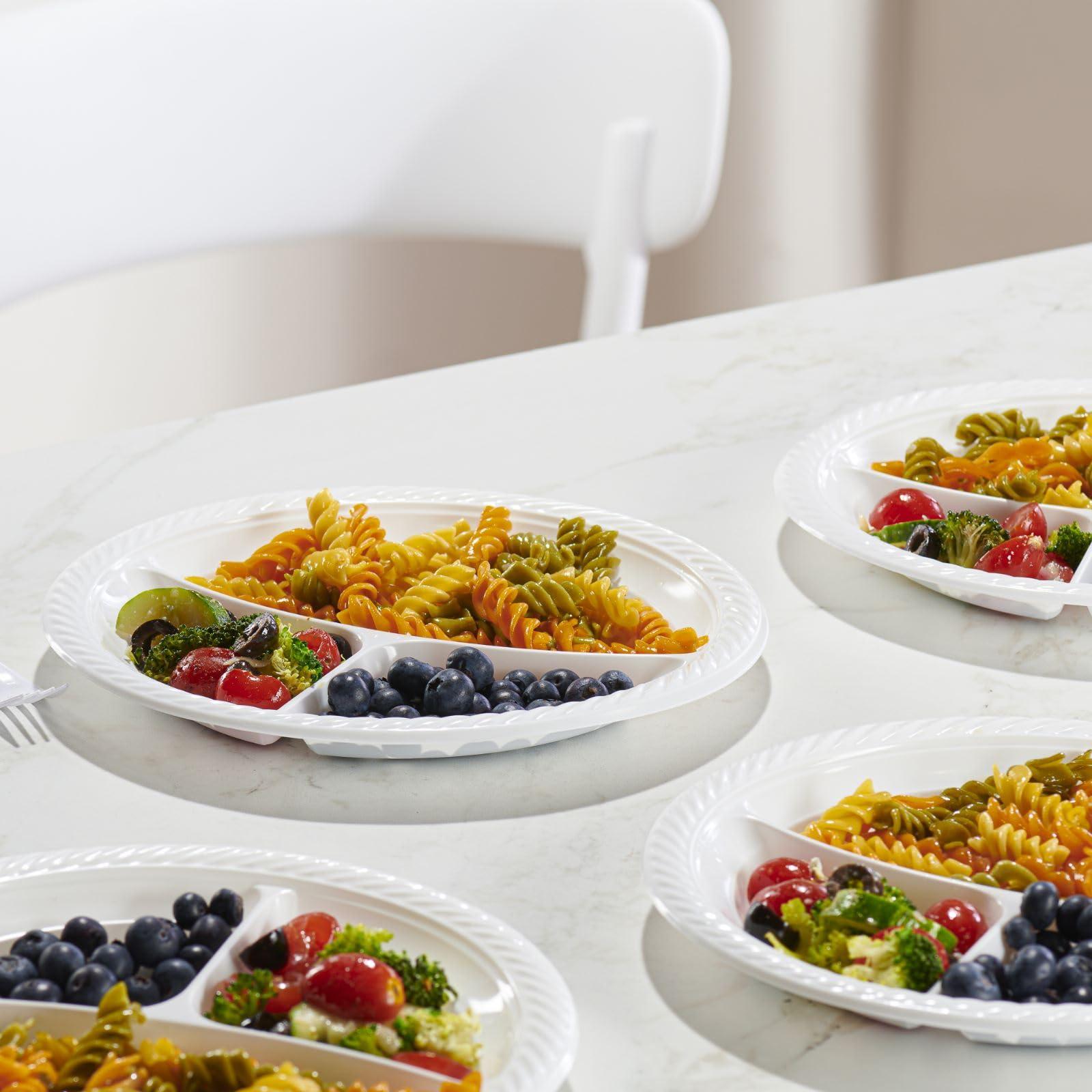 PLASTICPRO PLASTICPRO 9 inch Round Plastic Plates 3 Compartment - 3 Section Plates Microwaveable, Disposable, White, Dinnerware 100 Count