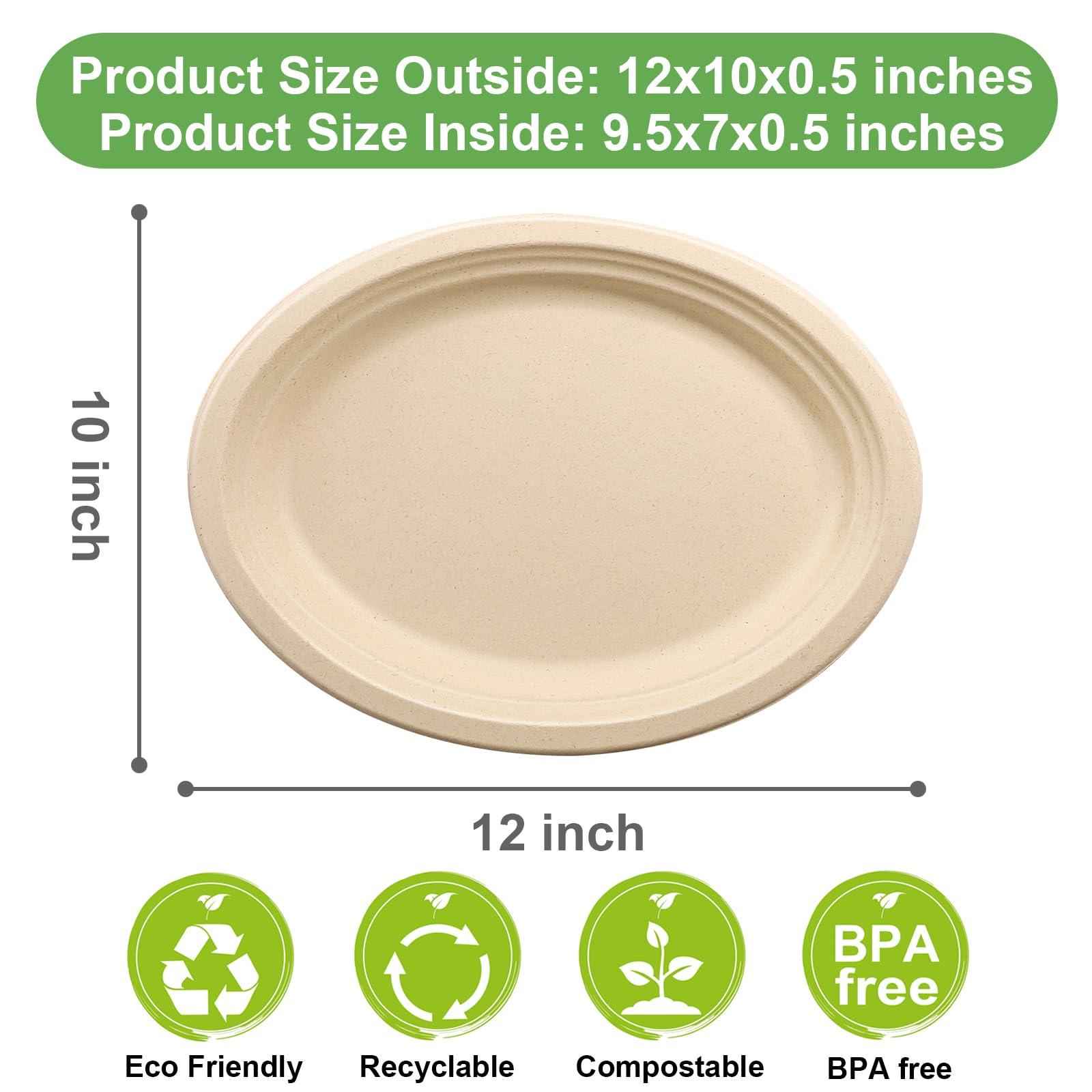 EcoAvance 12 inch Large Paper Plates, 100 Pack Oval Paper Plates, 100% Compostable Recycled Paper Plates, Eco Friendly Disposable Plates, Brown Paper Plates Heavy Duty, Paper Dinner Plates