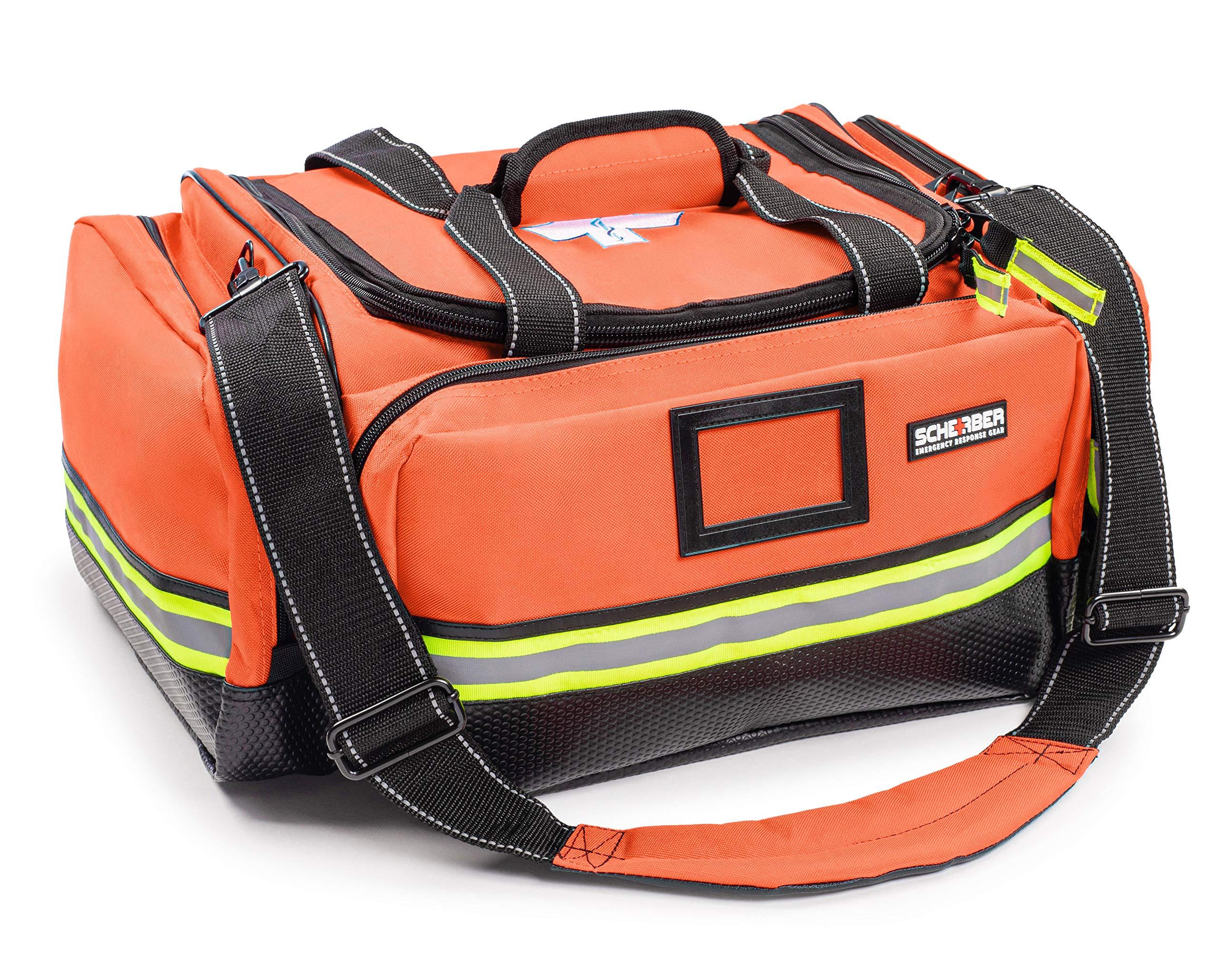 Scherber Scherber Fully-Stocked First Responder Professional Advanced EMT/EMS Trauma Kit | HSA/FSA Approved | Reflective Bag w/10+ Compartments, Zippered Pockets & 250+ First Aid Supplies (Orange)
