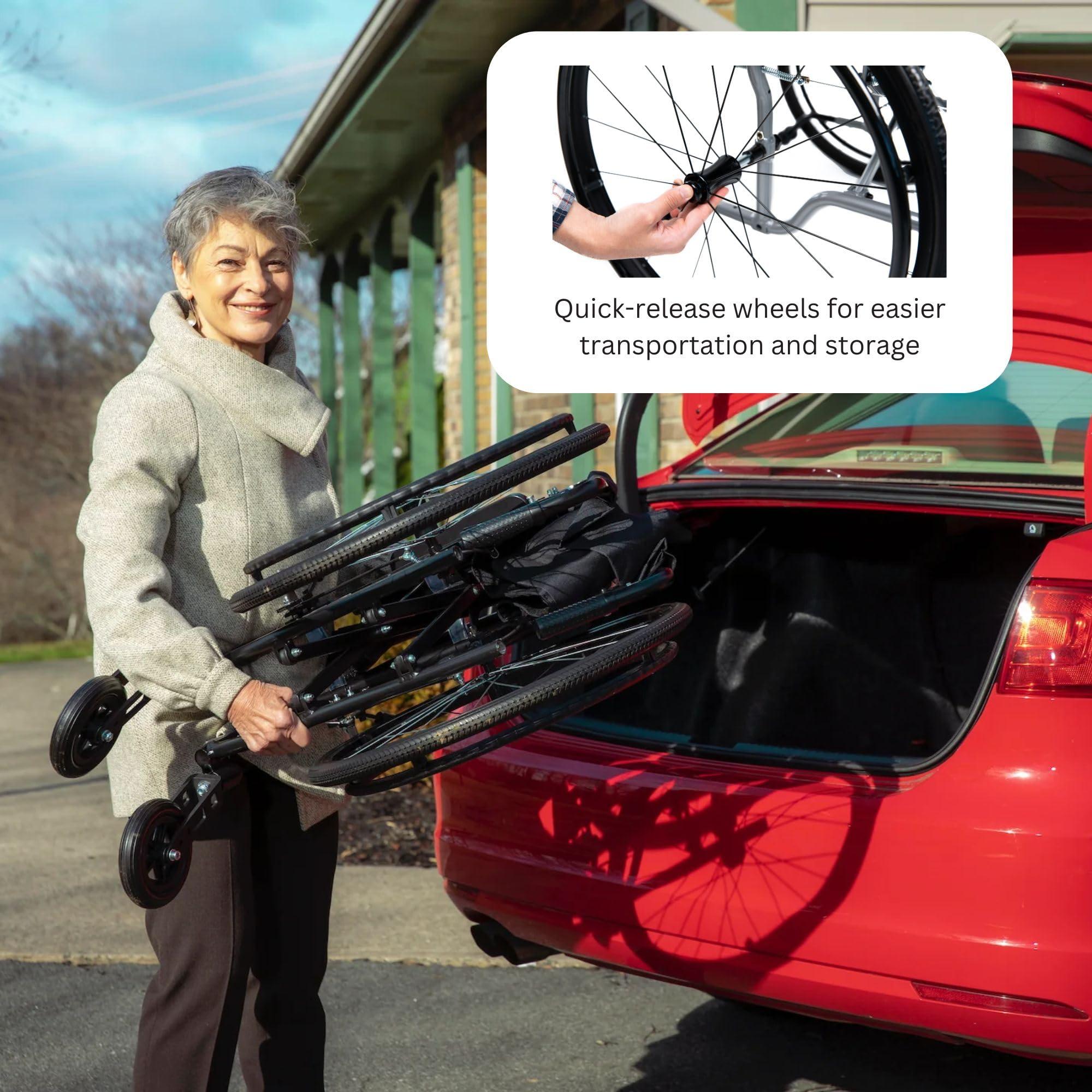 FeatherMobility Feather Mobility - Red Cushion 13.5lb Silver Frame Lightweight Folding Wheelchair - with Swingaway Legrests, Anti-tippers, and Quick Release Wheels