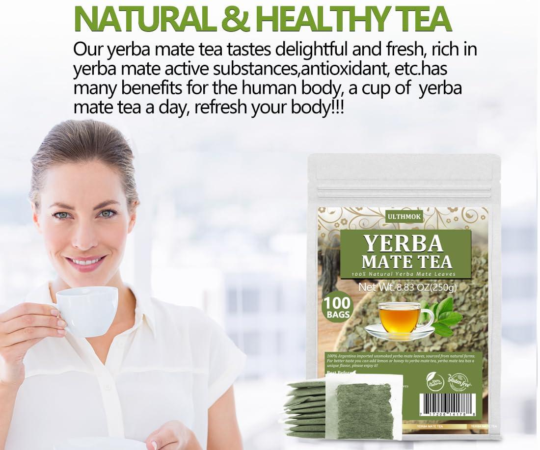 ULTHMOK Premium 100 Unsmoked Yerba Mate Tea Bags, Made with 100% Pure Yerba Mate Leaves, No Additives & Caffeine Free.