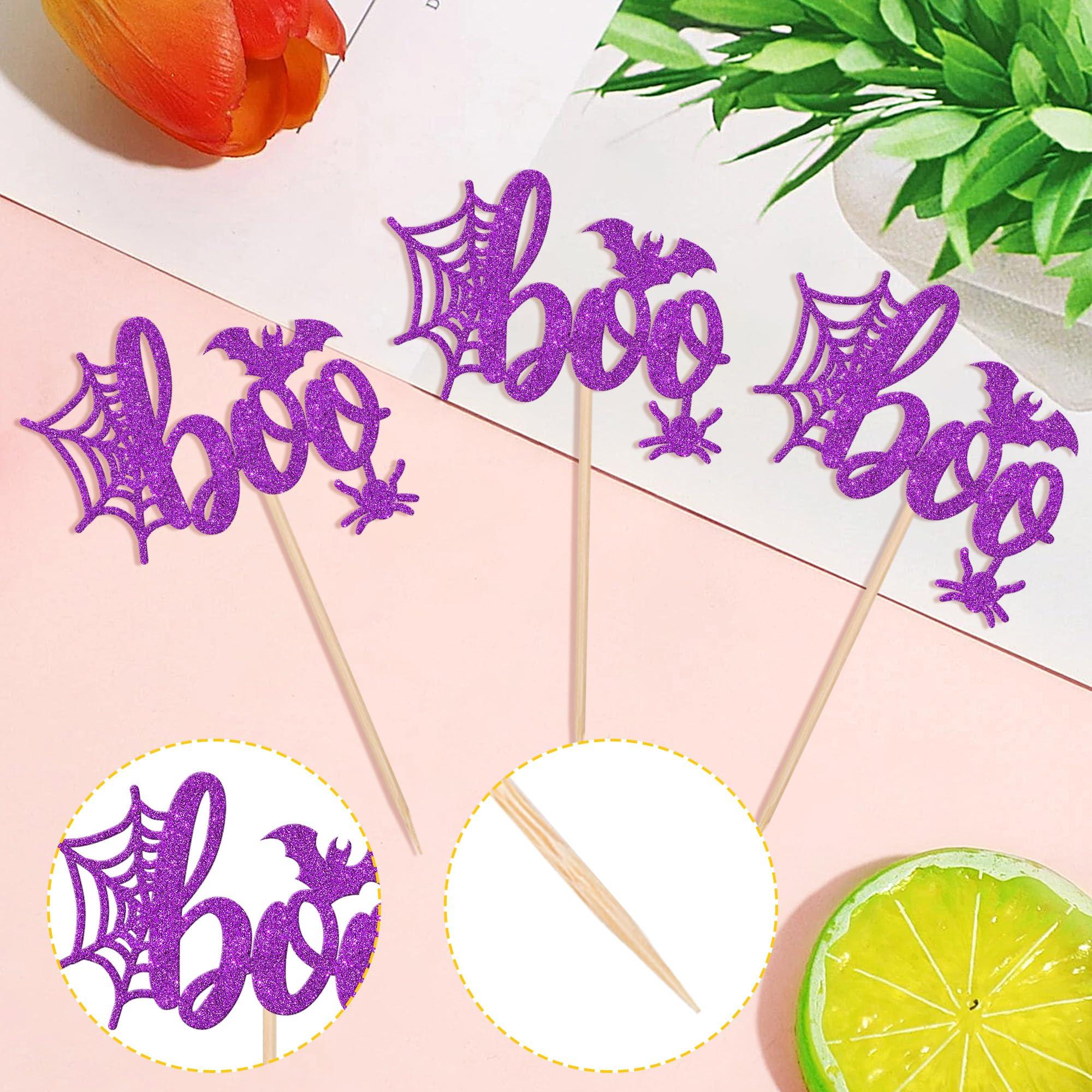 ZHUOWEISM 24 PCS Halloween Boo Cupcake Toppers Glitter Spider Web Bat Cupcake Picks for Halloween Boo Theme Baby Shower Birthday Party Cake Decorations Supplies Purple