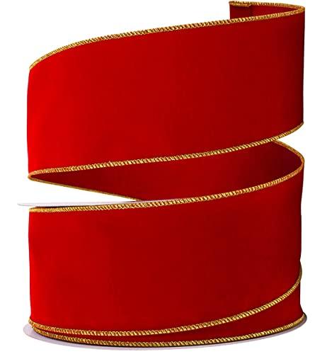 OLYPHAN Red Velvet Ribbon Velvet Christmas Ribbon Red Wired 50 Yards/2.5 (2 1/2) Inch Wide w. Gold Trim Wire-Edge: Valentine, Xmas Gift Wrap, Christmas Tree Bows / Outdoor/ Wire Ribbons for Crafts/Gifts