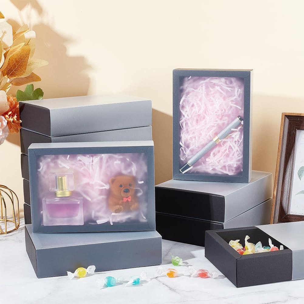 BENECREAT BENECREAT 12 PCS Black Kraft Gift Drawer Box, Translucent Plastic Lid Gift Drawer Box with PVC Frosted Window for Jewellery Candy Gift Wrap Party Favours, 7x5x1.8inch