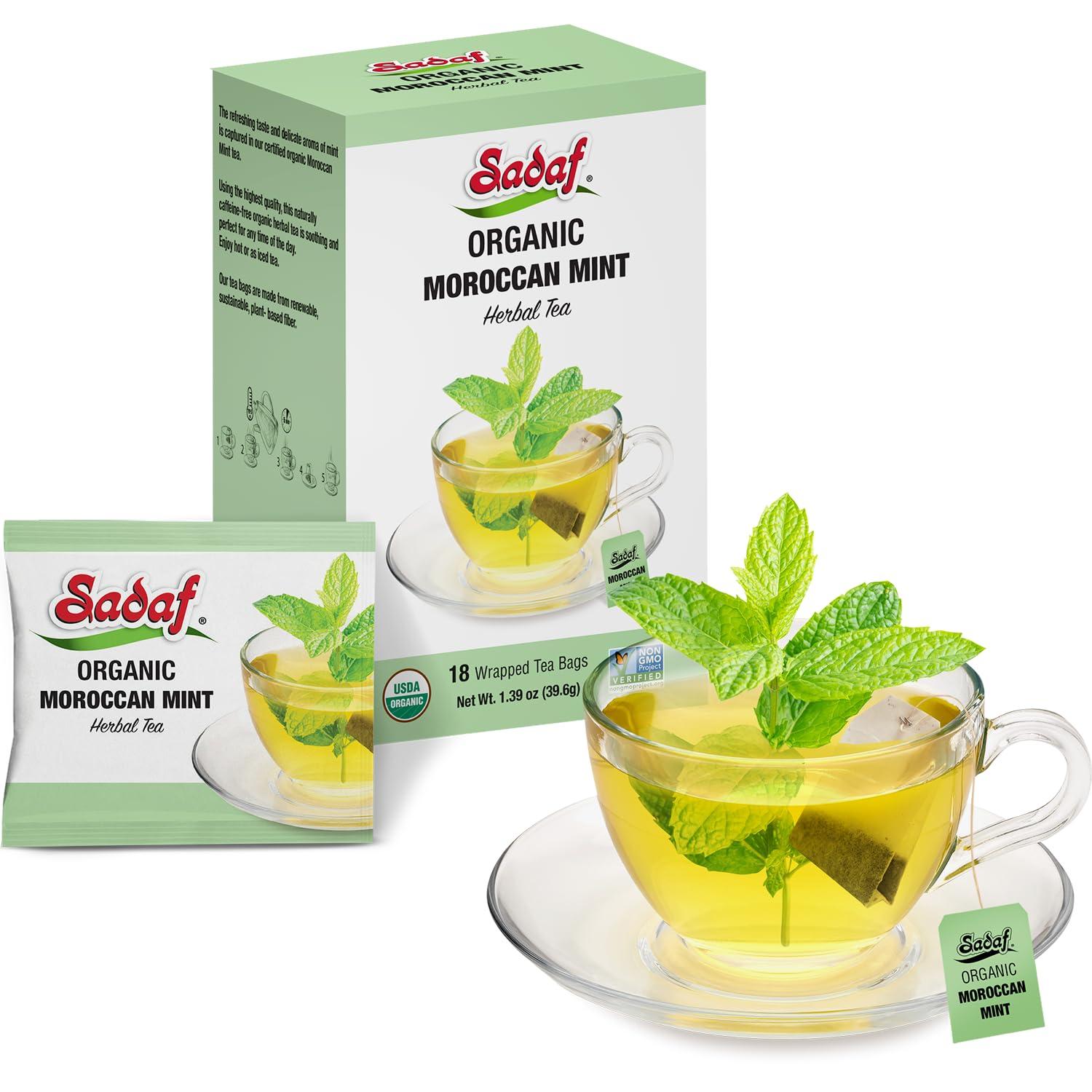 Sadaf Sadaf Organic Moroccan Mint Tea - Mint Tea Bags - Ideal for Hot or Iced Tea - Organic Herbal Tea - Kosher - 18 Wrapped Tea Bags