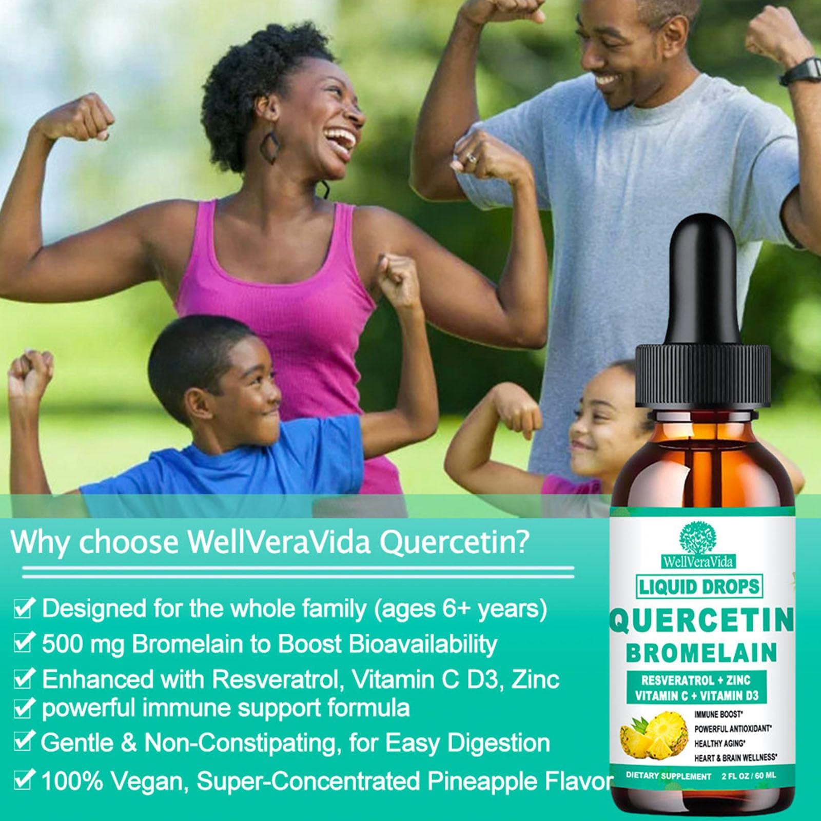 WellVeraVida Quercetin with Bromelain Liquid Drops, 4X Stronger Than Capsules & Pills, 7-in-1 Organic Zinc Quercetin 1000mg with Bromelain 500mg Vitamin C D3 Immune Complex for Respiratory Health & Antioxidant