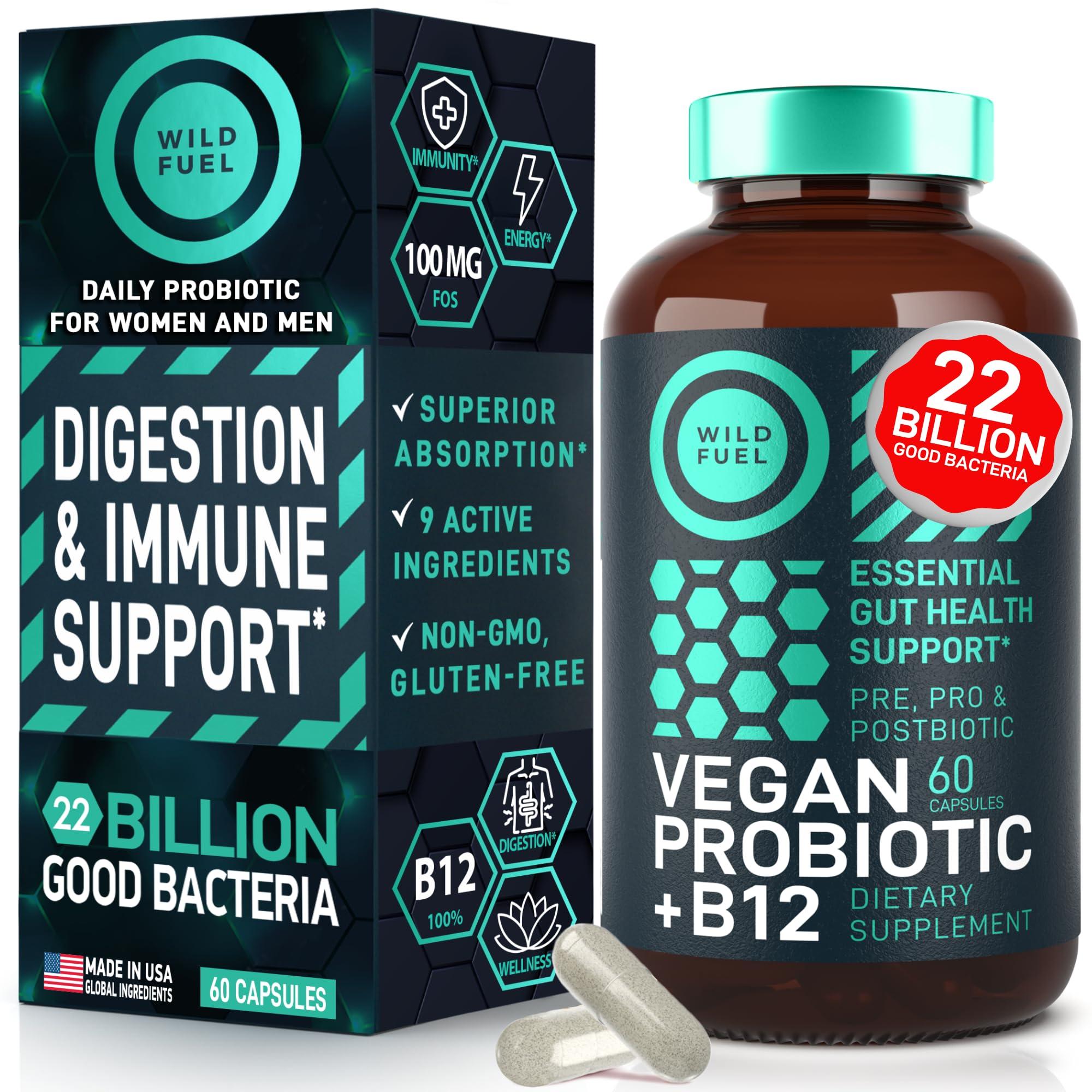 WILD FUEL Digestive Enzymes with Probiotics and Prebiotics and Vegan Probiotic Plus B12 Enhanced Digestive and Gut Health Bundle
