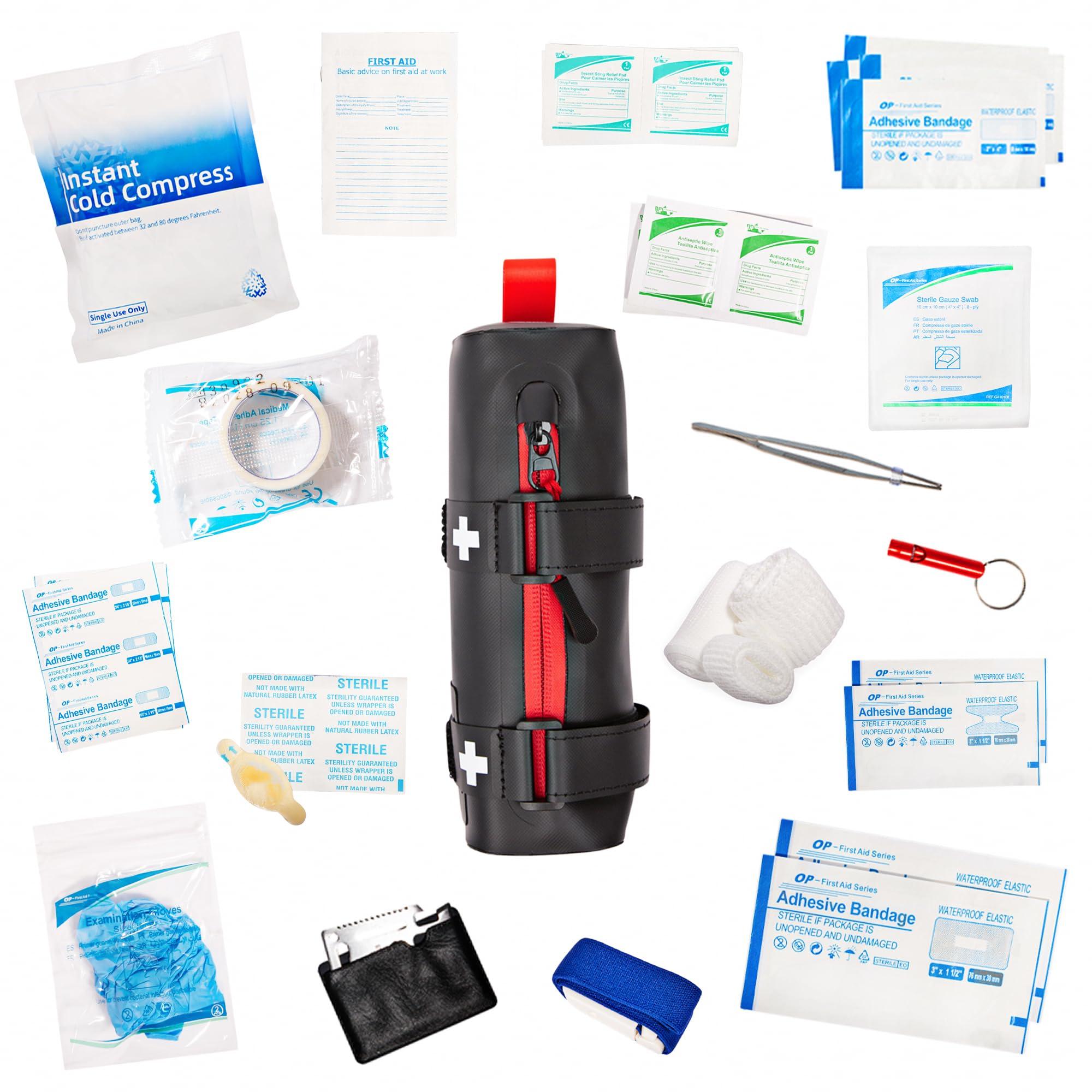 CureIT CureIT Bike First Aid Kit for Cyclist\'s, Compact Waterproof Case, Attaches to Bike Frame, Essential Supplies for Trauma & Emergencies, Black Red