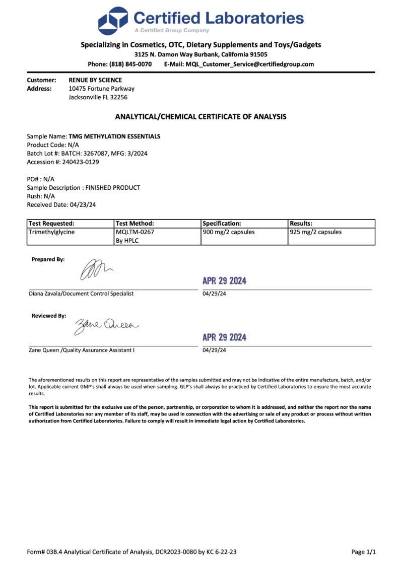 Renue By Science Renue By Science TMG | High Strength TMG Supplements | 120 Trimethylglycine Capsules - 900mg TMG per Serving with Vitamin B12 Vitamin B6 Folate & Zinc | Made in The USA & Third-Party Tested