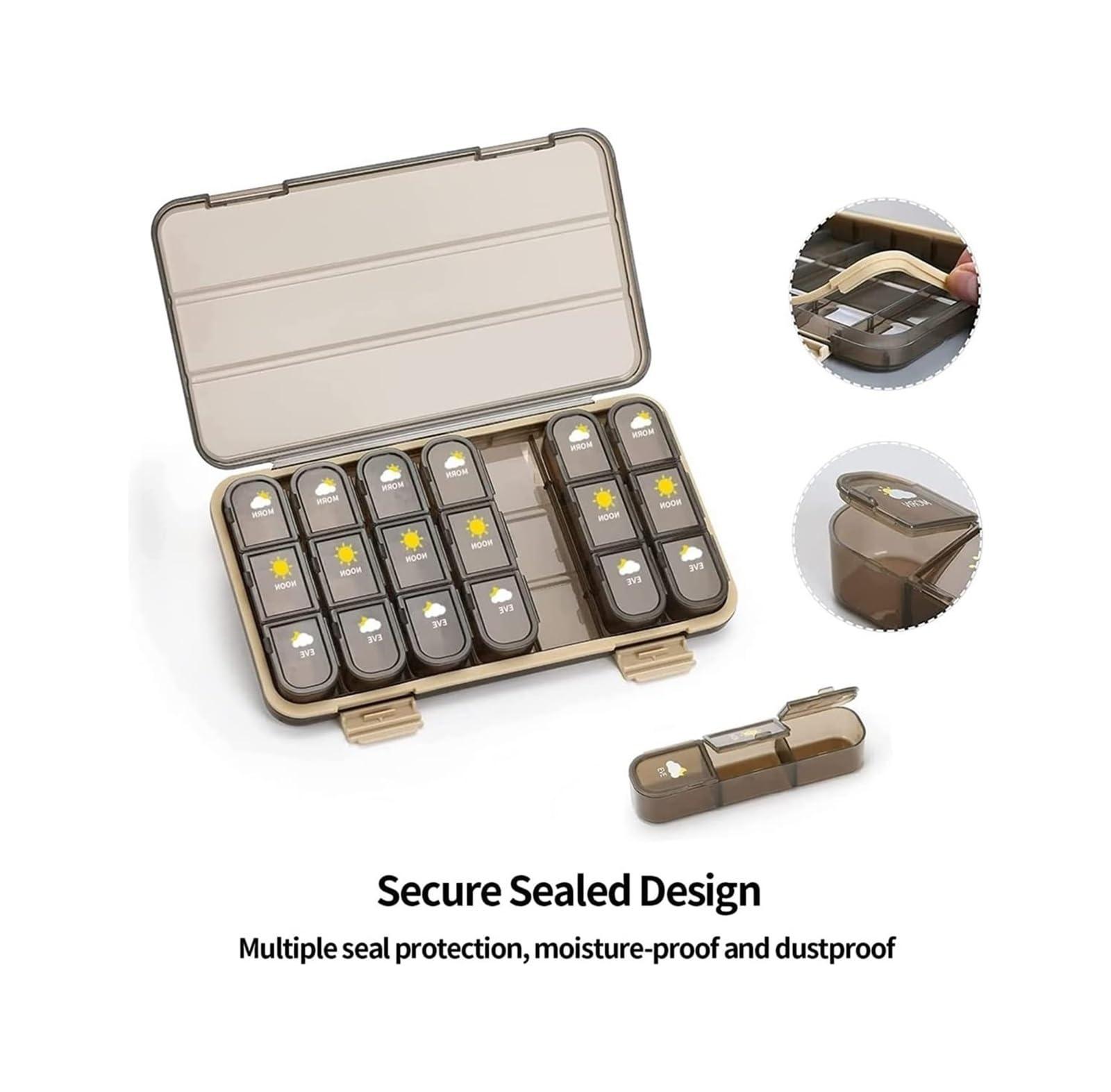SNIME Pill Dispenser Pill Organizer,Travel Pill Box 7 Day, Airtight Pill Case Waterproof Moisture Proof, BPA Free, Easy Open (Size : 21 grids-Brown)