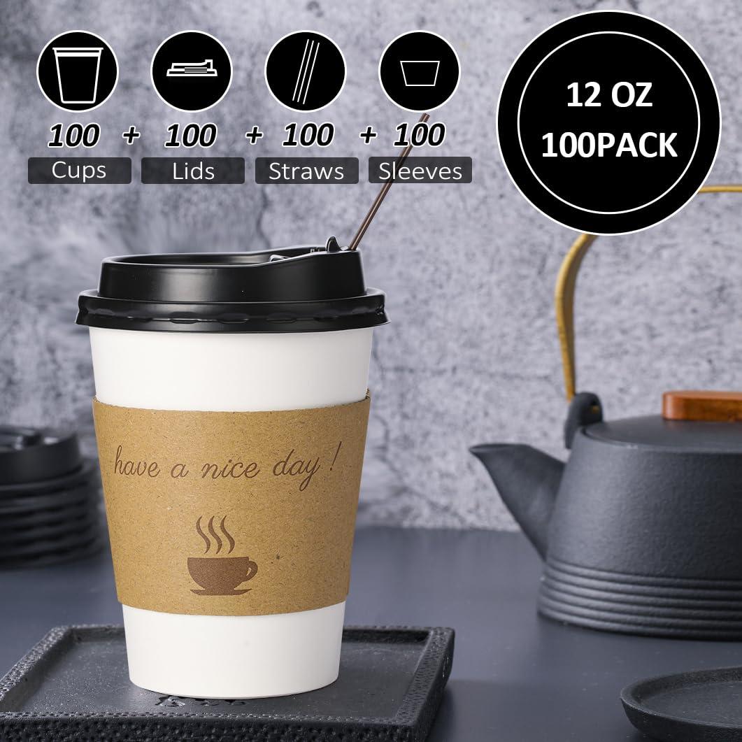 BYSNOW BYSNOW 100 pack 12 oz Disposable Thickened Coffee Cups with Lids, Scald Resistant Hot Cups with Sleeve and Straw, To Go Coffee Cups for Home, Office, Cafes and Party (White 12oz)