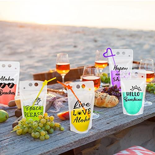 CHENGU Summer Drink Pouches with Straws Beach Drink Pouches for Adult Translucent Party Beverage Bags Stand up Juice Pouches Plastic Drink Container with Zipper Juice Freezer Bags for Party Favor (60 Sets)