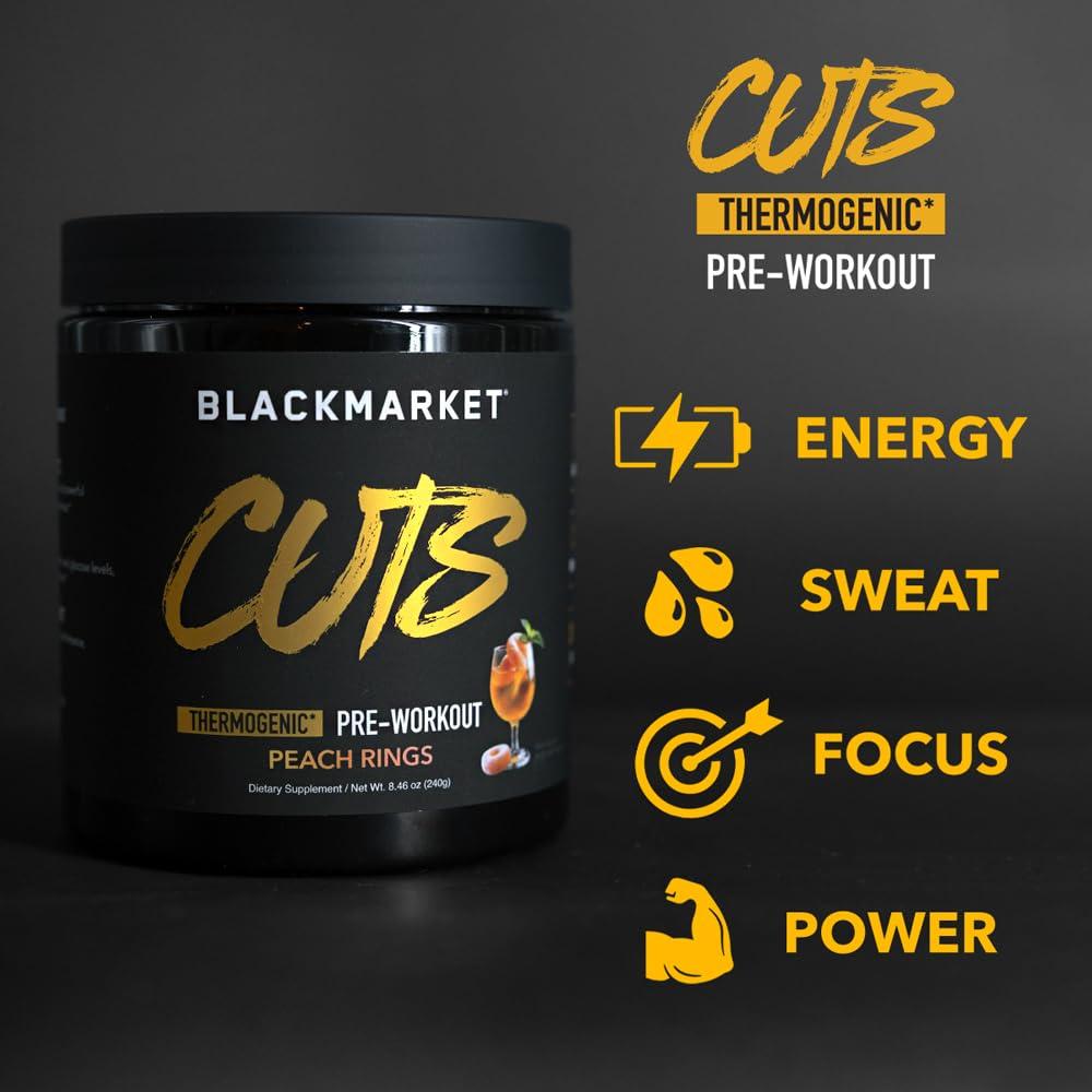 BLACKMARKET BLACKMARKET CUTS Pre Workout - Flavored Energy Powdered Drink Mix for Men & Women, Great for Muscle Definition, Thermogenic, Creatine Free, (Peach Ring, 30 Servings)