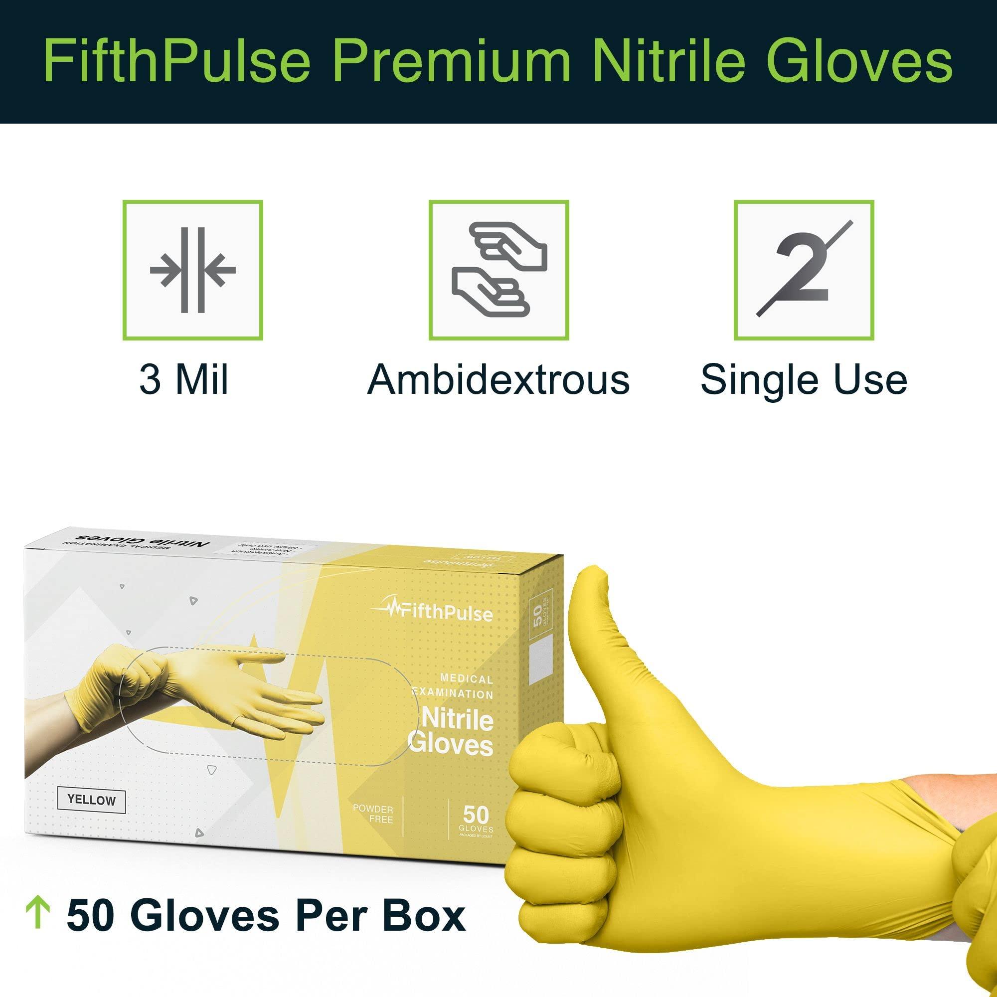 FifthPulse FifthPulse Yellow Nitrile Disposable Gloves - 50 Count - 3 Mil Nitrile Gloves Large - Powder and Latex Free Rubber Gloves - Surgical Medical Exam Gloves - Food Safe Cooking Gloves