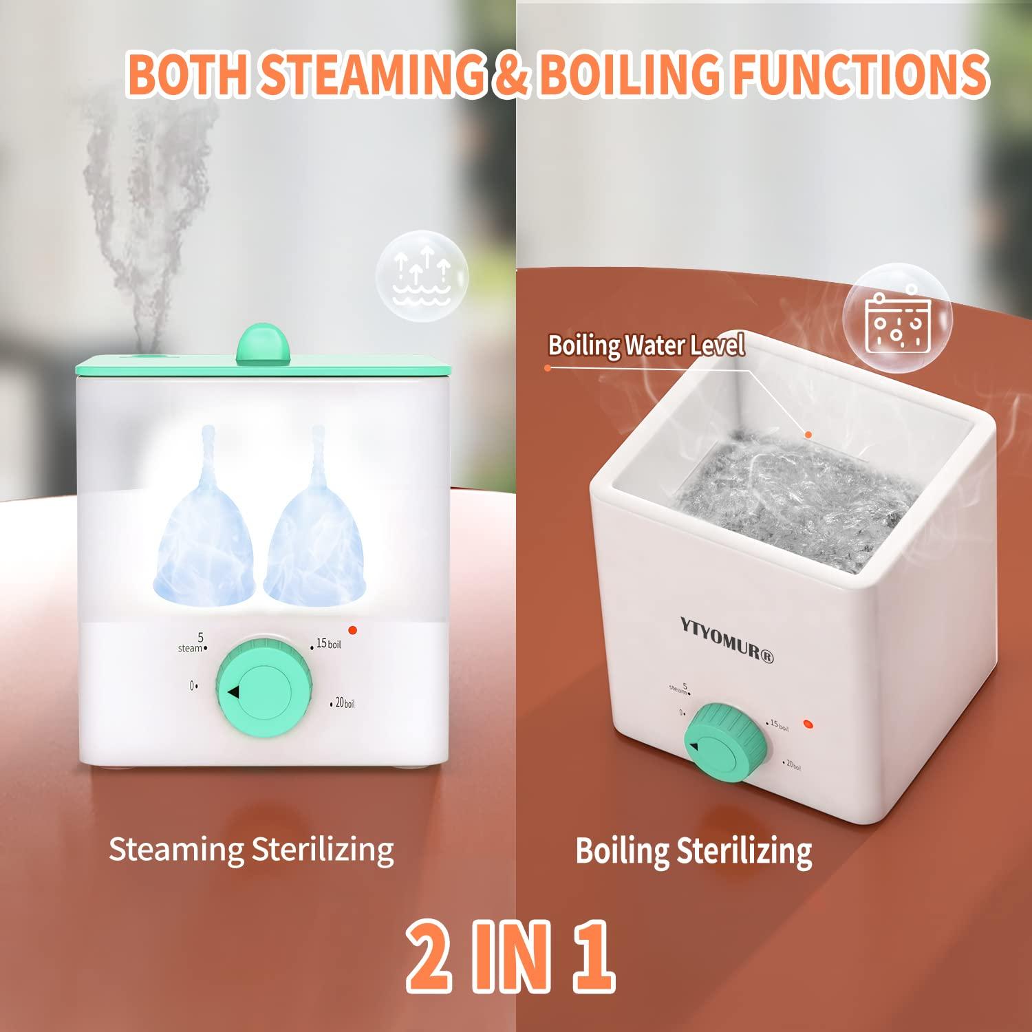 YTYOMUR Upgraded Menstrual Cups Sterilizer Menstrual Disc Steamer, 2 in 1 Boiling & Steaming Modes, One-Click Knob Timer Auto Off, with 1 Cleaning Brush & 1 Heat Resistant Clip(Green)