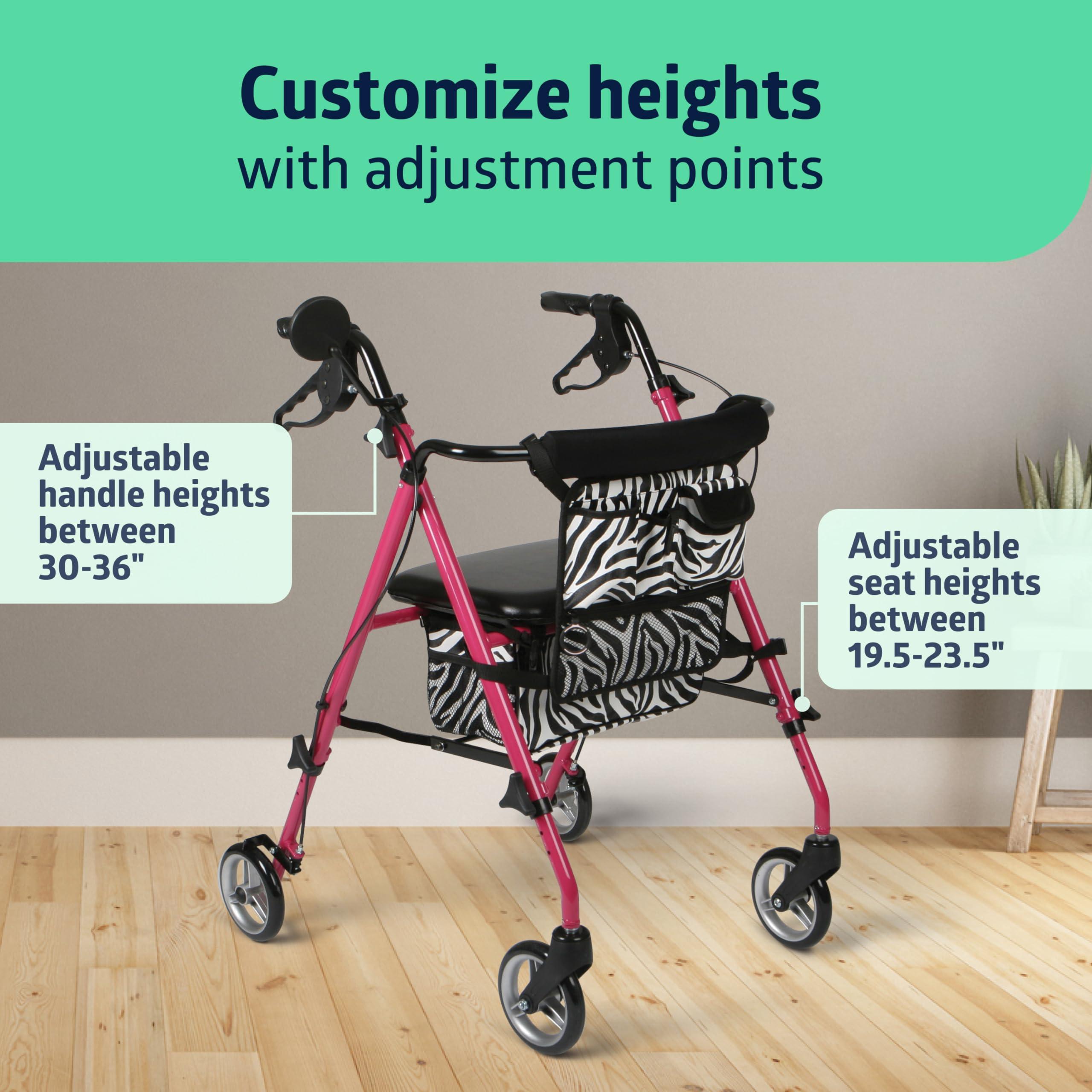 Medline Medline Posh Premium Lightweight, Foldable, Aluminum Rollator Walker with Wheels, Water Resistant, Zebra Print Bag, Pink, 6 Inch