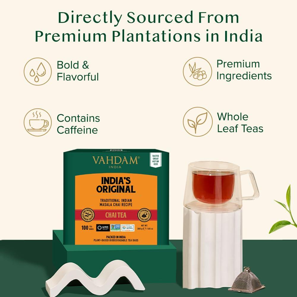 VAHDAM VAHDAM, India\'s Original Masala Chai Tea Bags (100 Count) Non GMO, Gluten Free, No Added Flavoring | Blended w/Exotic Spices | Whole Leaf Tea Bags | Resealable Ziplock Pouch