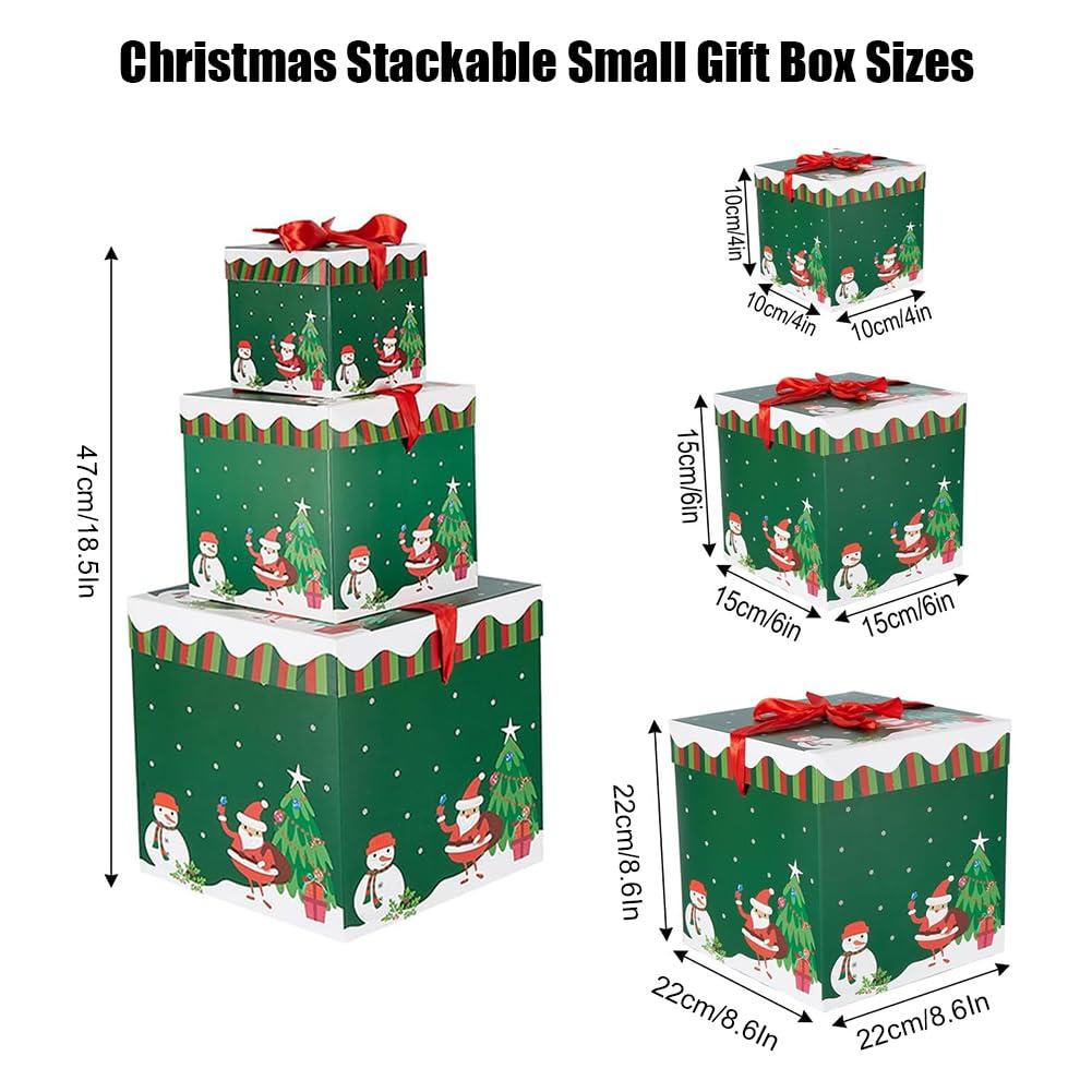 JOYWU JOYWU Christmas Stackable Gift Boxes Set with Lids and Red Rope,3 Pcs Xmas Nesting Box for Gift Wrapping,Square Santa Snowman Xmas Tree Stacking Small Gift Boxes,Christmas Decorative Boxes (Green)