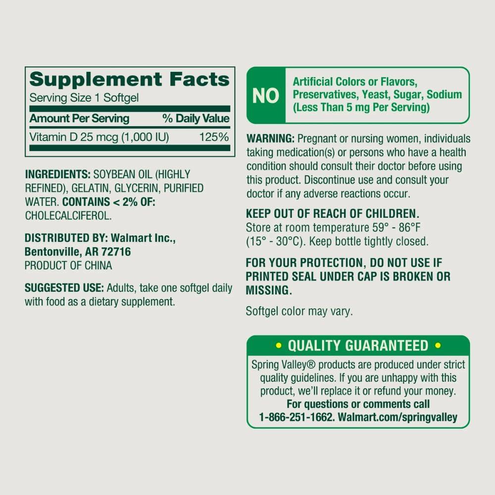 Ravazzi Spring Valley Vitamin D3 Supplement Softgels, 25 Mcg (1,000 IU), 450 Count and Card Gift of Ravazzi