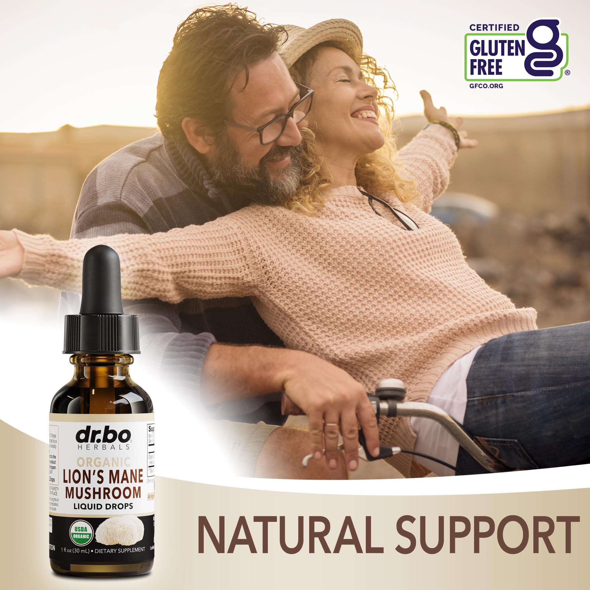 DR. BO Lions Mane Mushroom Supplement Drops - Organic Lion\'s Mane Mushroom Liquid Tincture for Focus, Fog Brain Health Supplements - Vegan Herbal Nervine Nootropic Organic Lions Liquid Supplement Extract 1oz