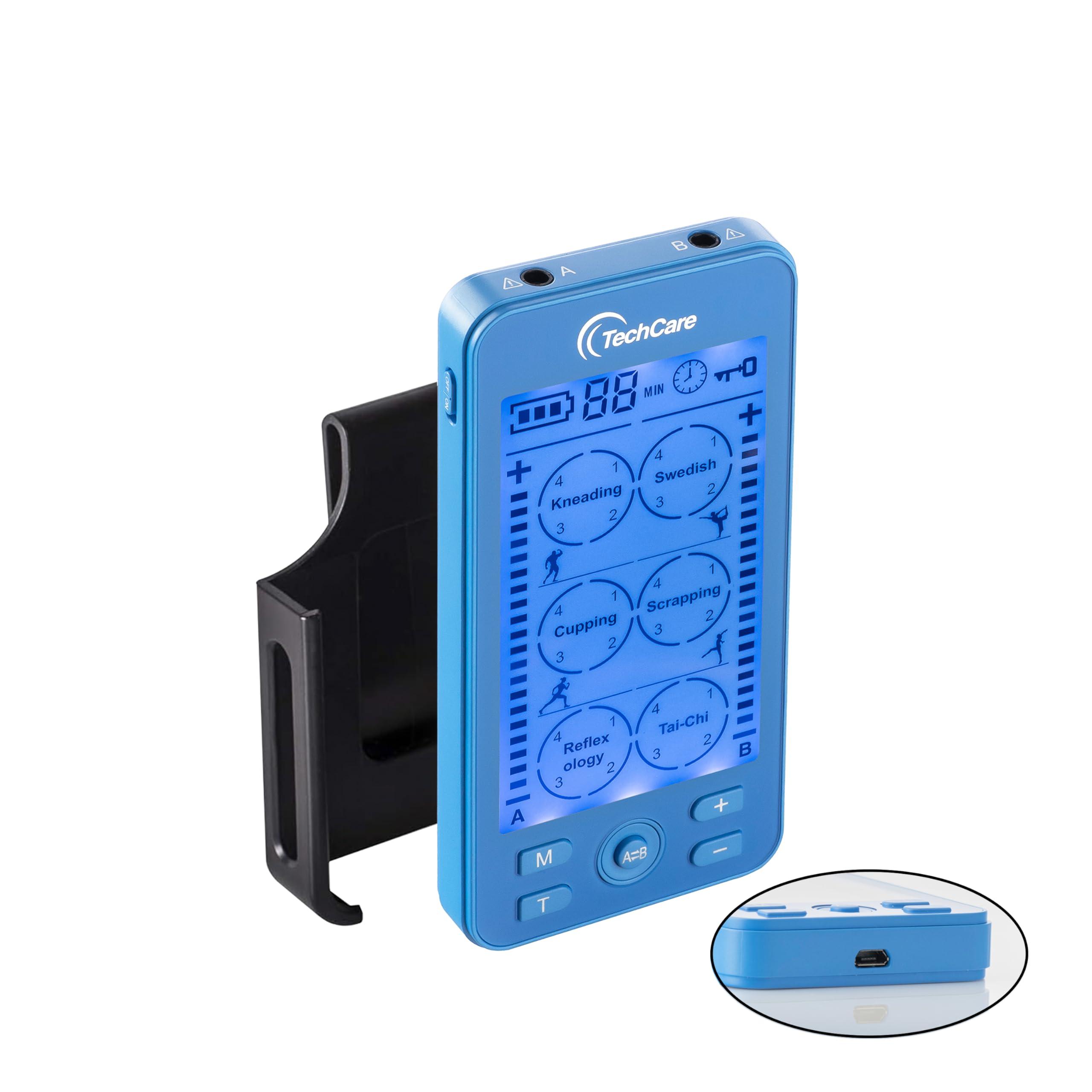 TechCare Massager Tens Unit Plus 24 Rechargeable Electronic Pulse Massager Machine Multi Mode Device with All Accessories (Blue)