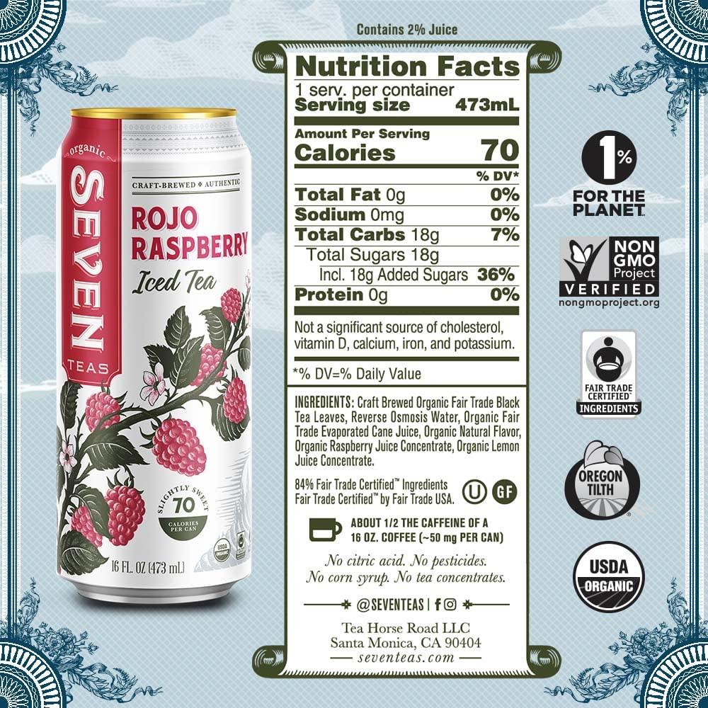 SevenTeas SevenTeas Rojo Raspberry Iced Tea, 16 OZ (Pack of 12 Cans), Lightly Sweetened Organic Iced Tea