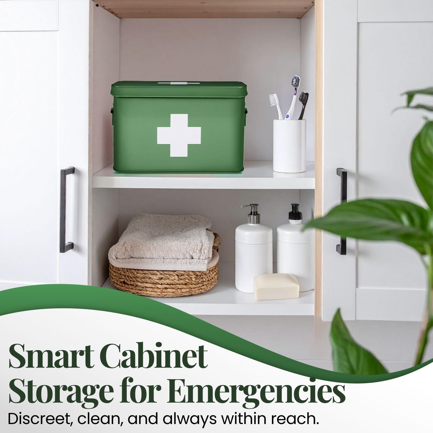 Flexzion Flexzion First Aid Box Organizer - Empty 13\" Green Vintage First Aid Kit Tin Metal Medical Box - First Aid Storage Box Container Bins with Dividers, Removable Tray and White Cross Logo