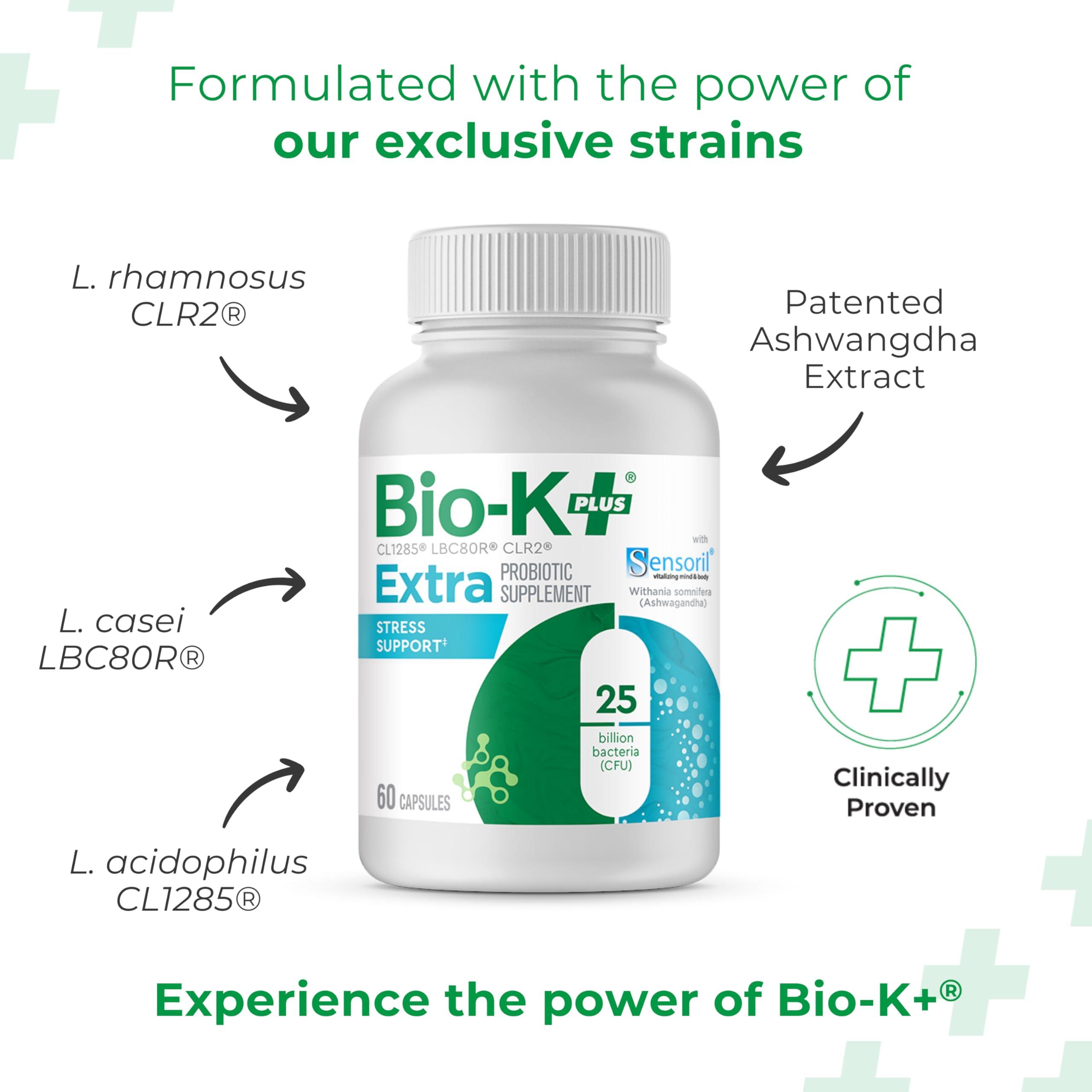 Bio-K Plus Bio K+ Extra Stress Support with Sensoril - Ashwagandha  Vegan Probiotics Supplement for Everyday Stress, Relieving Sleeplessness - 25 Billion CFU 3 Strains  60 Capsules