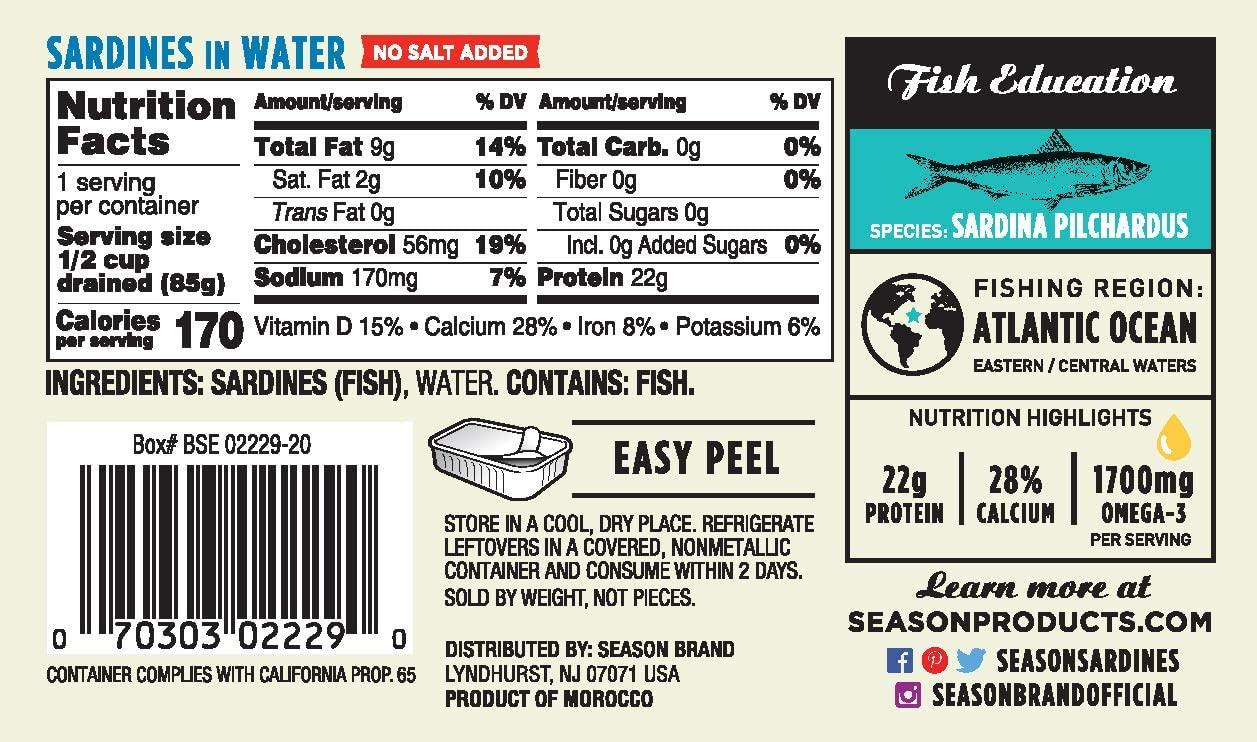SEASON Season Sardines in Water No Salt Added, Wild Caught, 22g of Protein, Keto Snacks, More Omega 3\'s Than Tuna, Kosher, High in Calcium, Canned Sardines 4.37 Oz Tins, 24-Pack