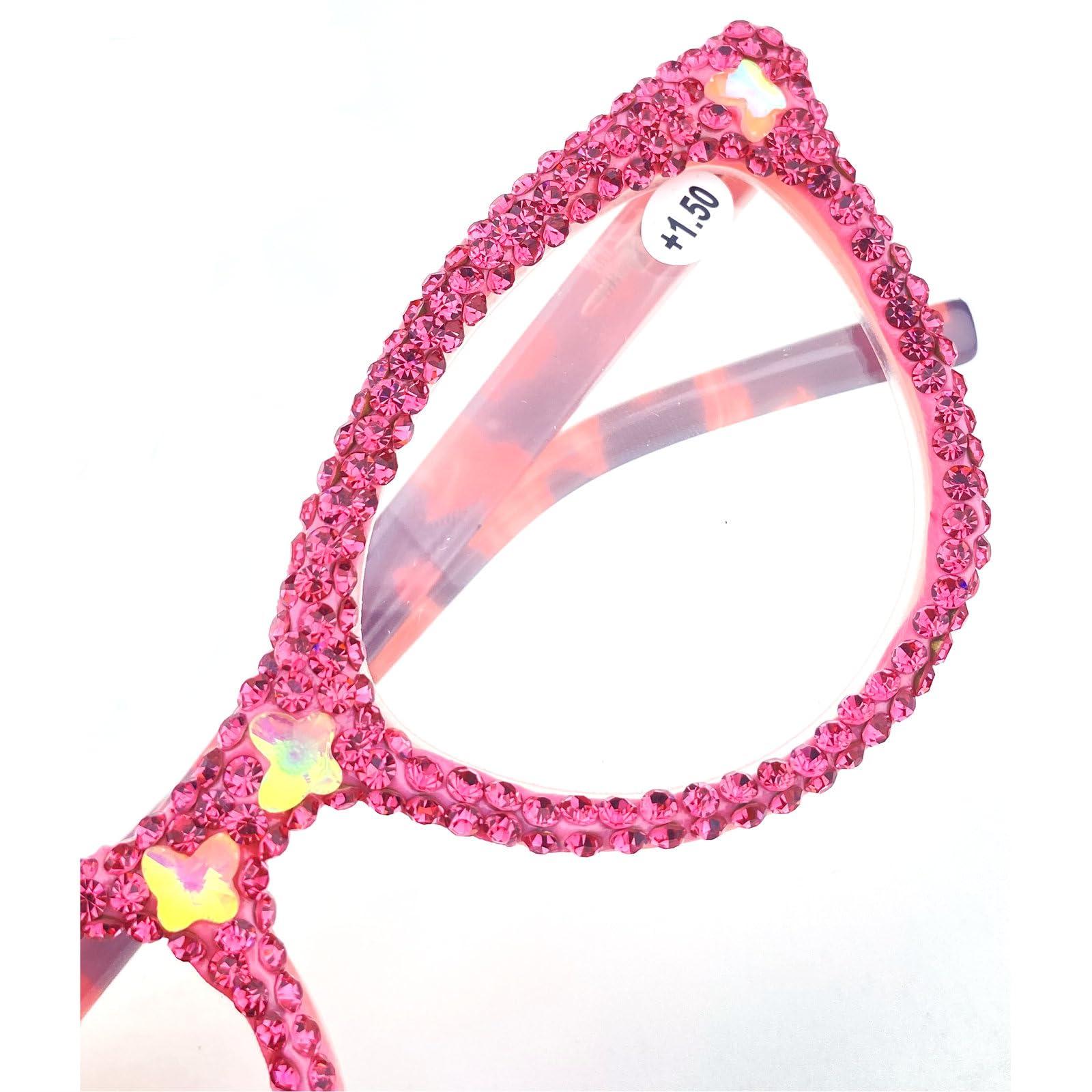 mincl Fashion bling Rhinestone Cat Eye Reading Glasses for Women Retro Jeweled Frame rave Party Diamond Reading Glasses (pink, 1, x)