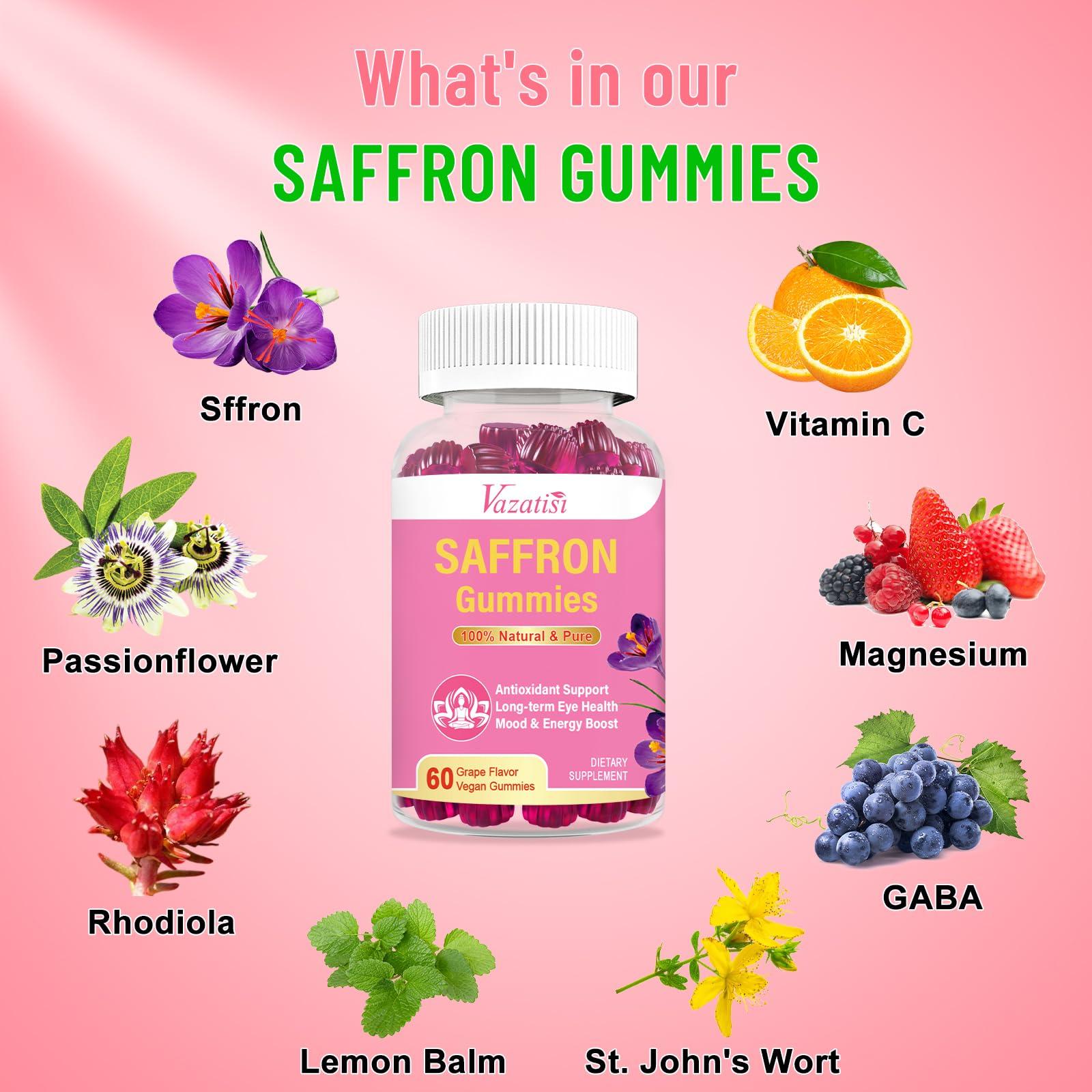 Vazatisi Natural Saffron Gummies - Sugar Free Saffron Supplement with Saffron Extract 100 mg, Magnesium, GABA, Rhodiola - Mood | Focus | Vision | Energy Support - NonGMO Vegan - 120 Gummies, 2 Month Supply