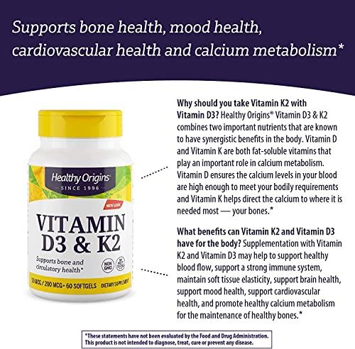 Healthy Origins Healthy Origins Vitamin D3 & K2 - Vitamin D3, 50 mcg - Vitamin K2, 200 mcg - Easily Absorbable Vitamin D & Vitamin K Supplements - Non-GMO & Gluten-Free Supplements - 60 Softgels